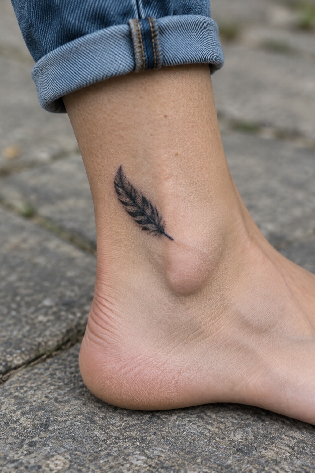 Small black feather tattoo on the outer ankle above the heel.