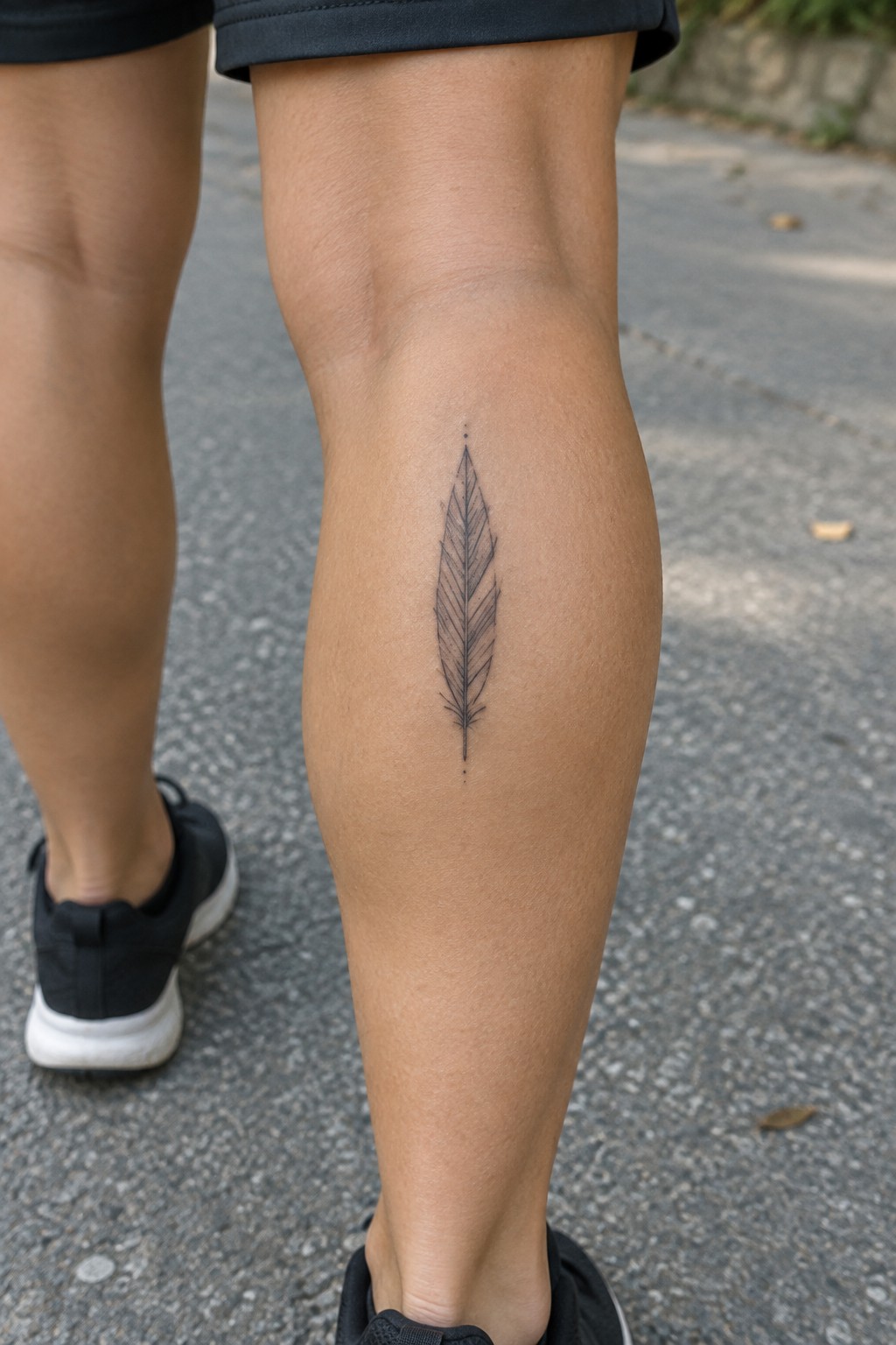 Small black fine-line feather tattoo placed vertically on the back of a person’s calf.