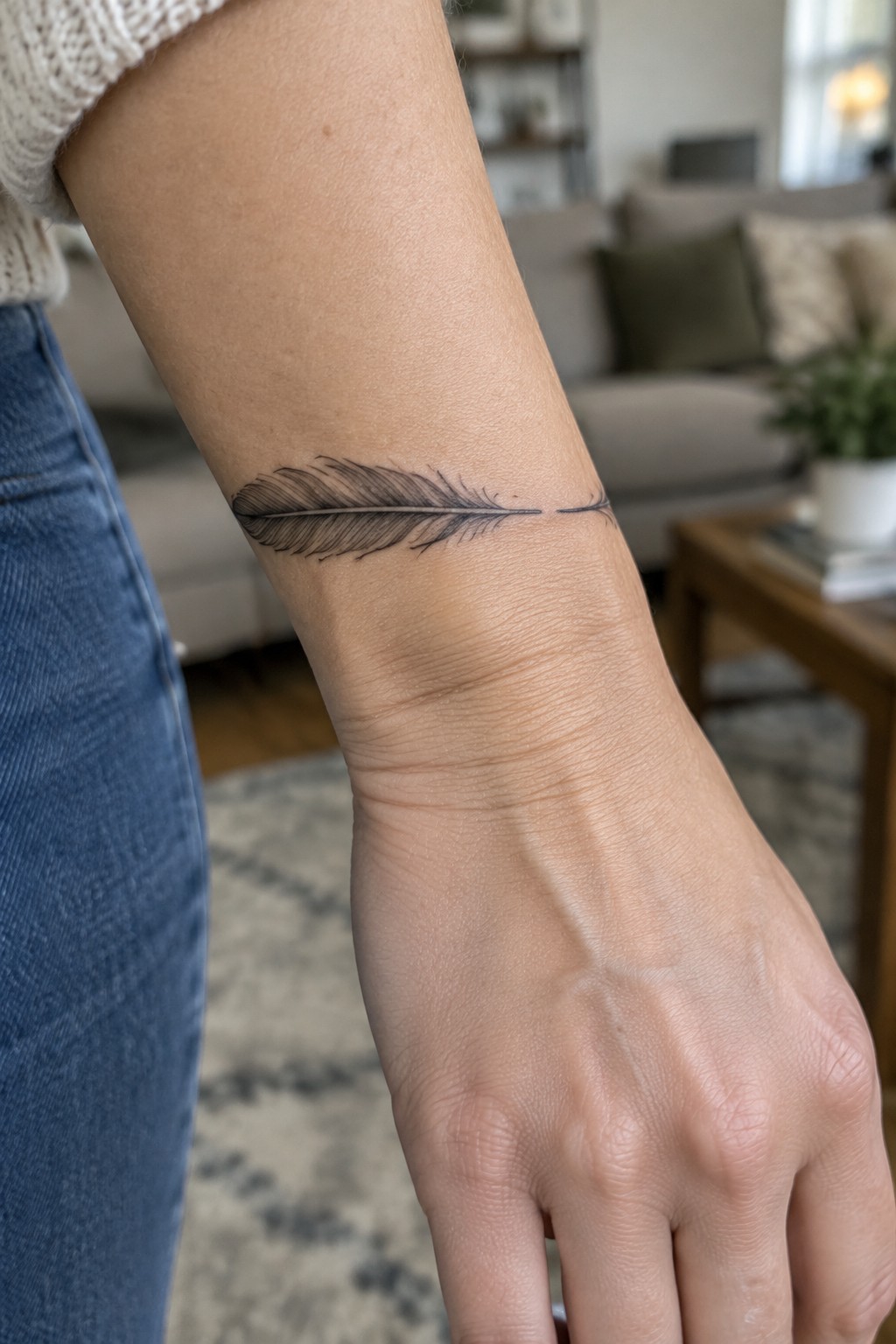 Fine-line feather tattoo placed horizontally across the inner forearm near the wrist.