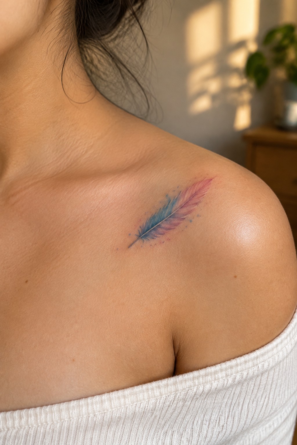 Small blue and pink feather tattoo angled across a woman’s upper chest near her shoulder.
