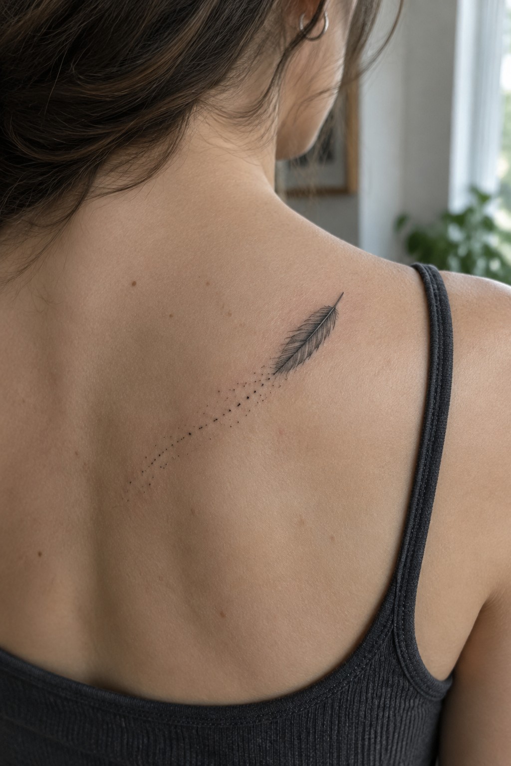 Small fine-line feather tattoo with a dotted diagonal trail on a woman’s upper back near the shoulder.
