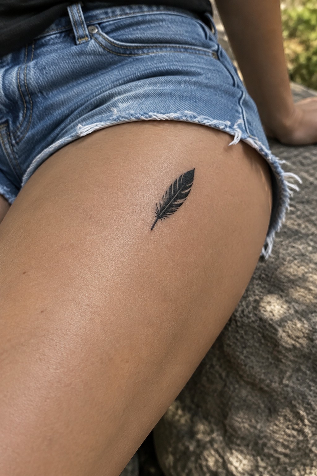 Small black feather tattoo on the upper thigh below frayed denim shorts.