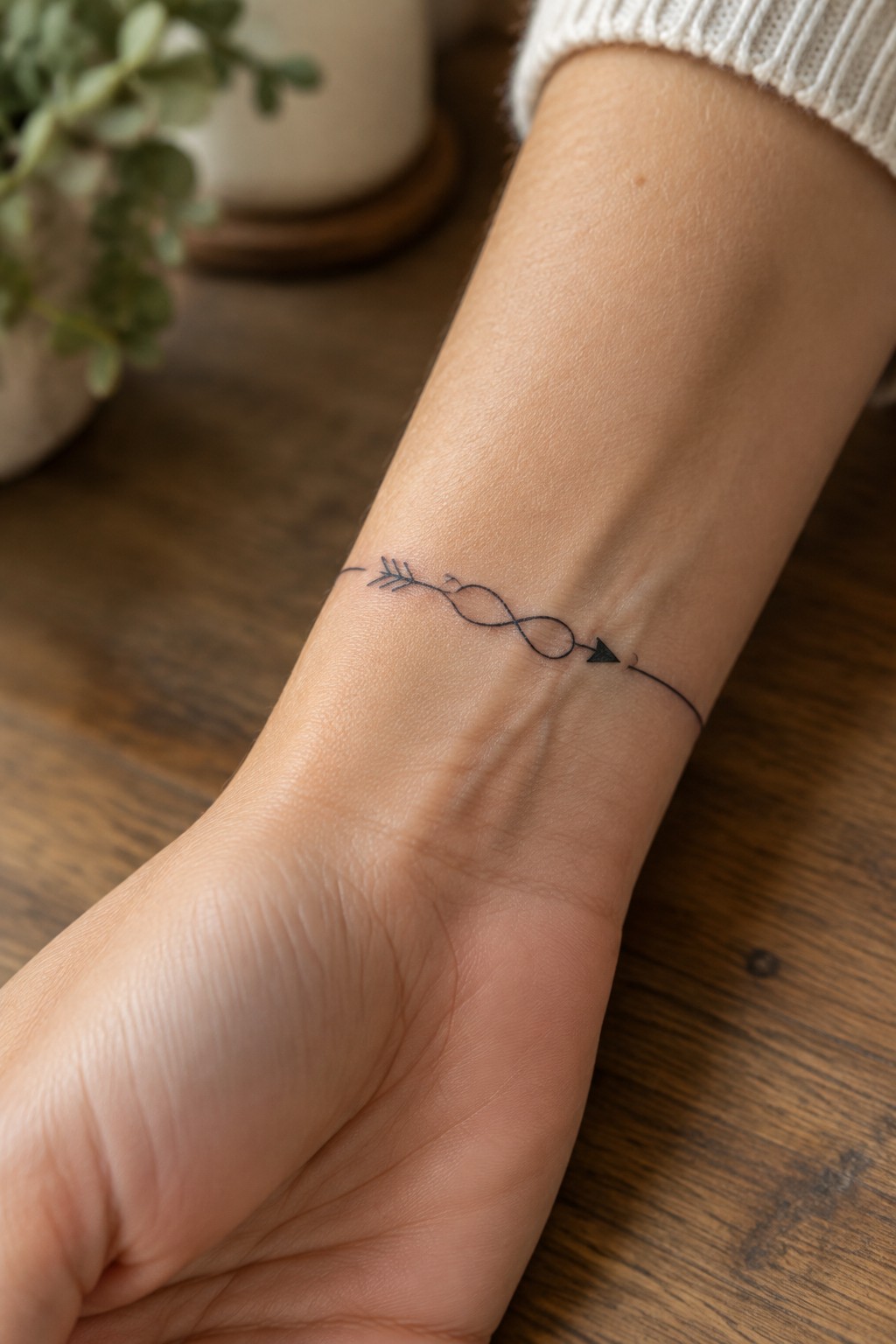 Small black fine-line infinity arrow tattoo across the inner wrist.