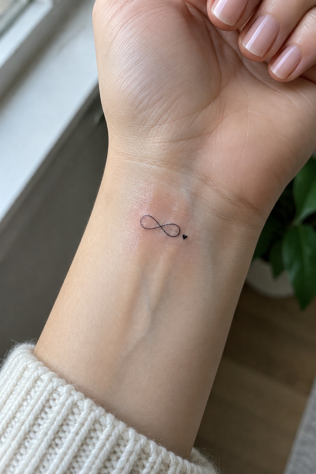Small black infinity symbol tattoo with a tiny heart on the inner wrist.
