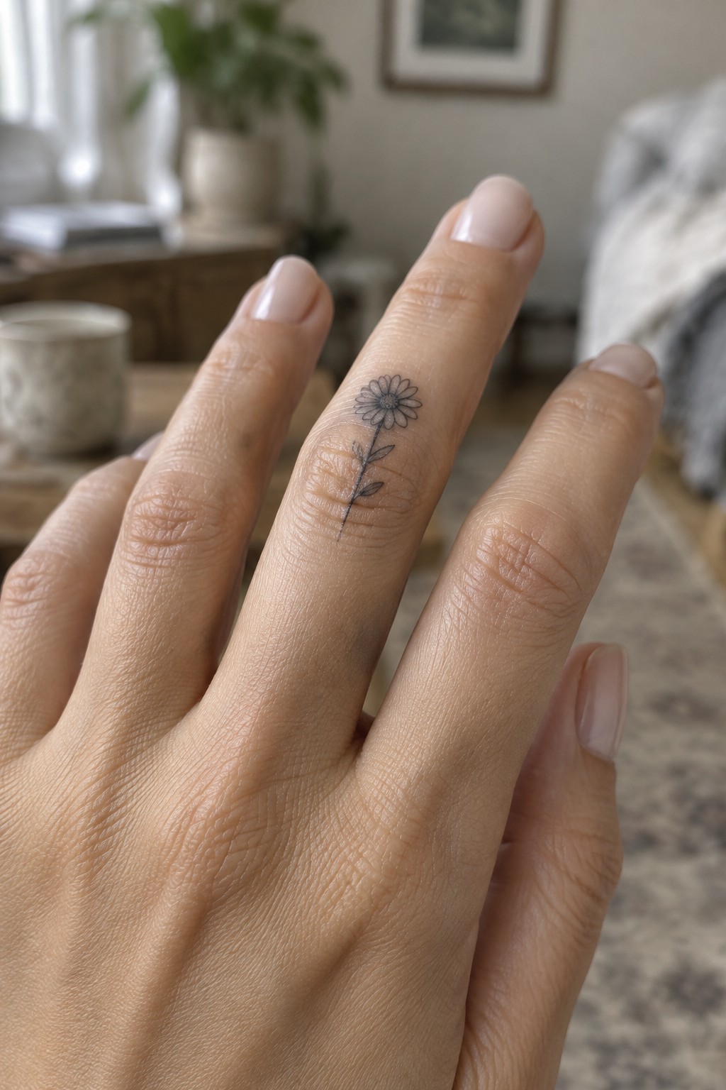 Fine-line daisy tattoo with a slim stem and leaves on the middle finger.