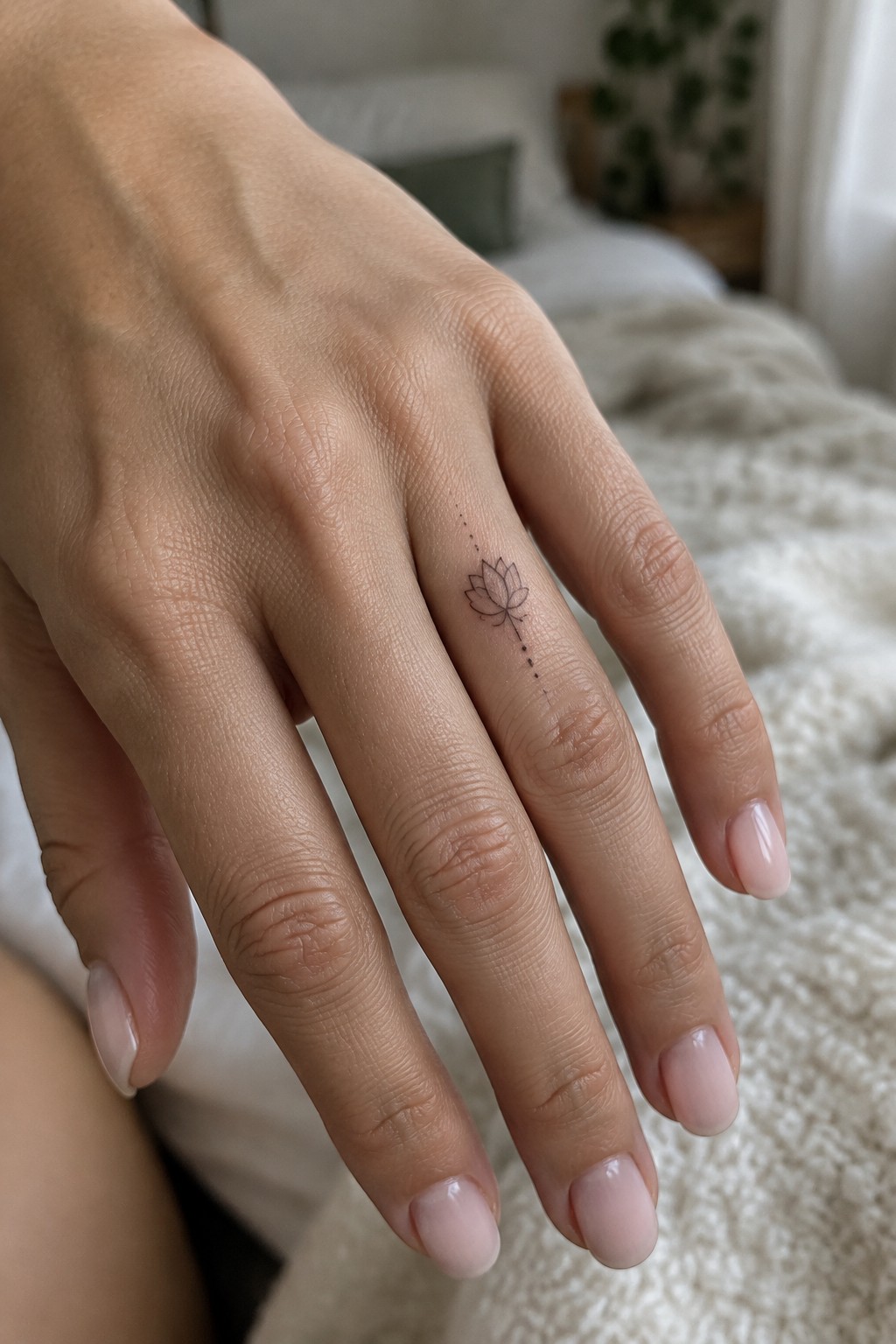 Small fine-line lotus flower tattoo with dotted accents on the side of a finger.