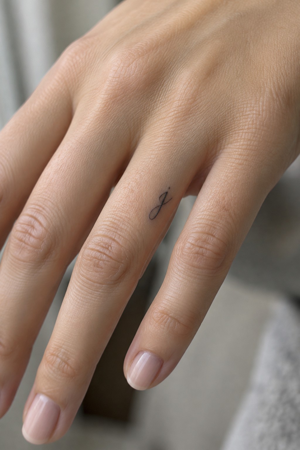 Small black cursive initial tattoo on the side of a finger.