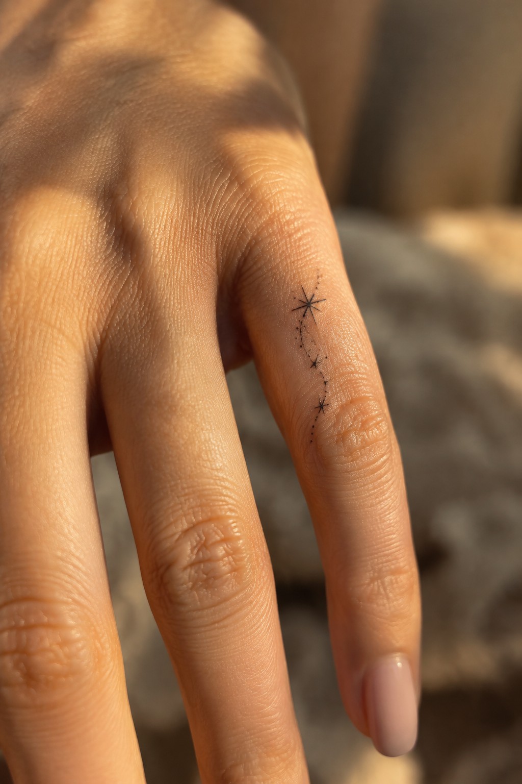 Small black constellation tattoo with starbursts and dotted lines along a finger.