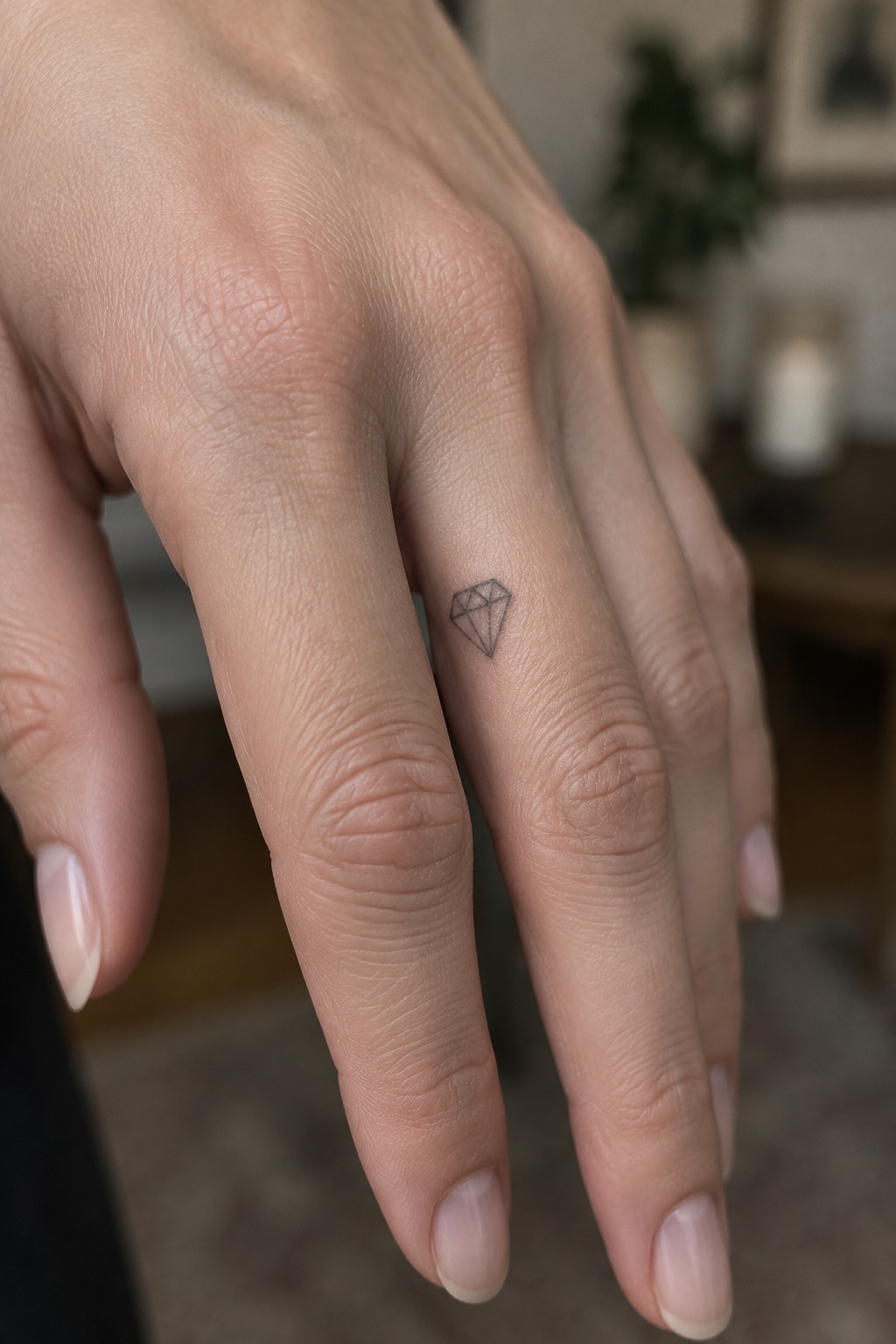 Small geometric diamond tattoo on the side of a finger.
