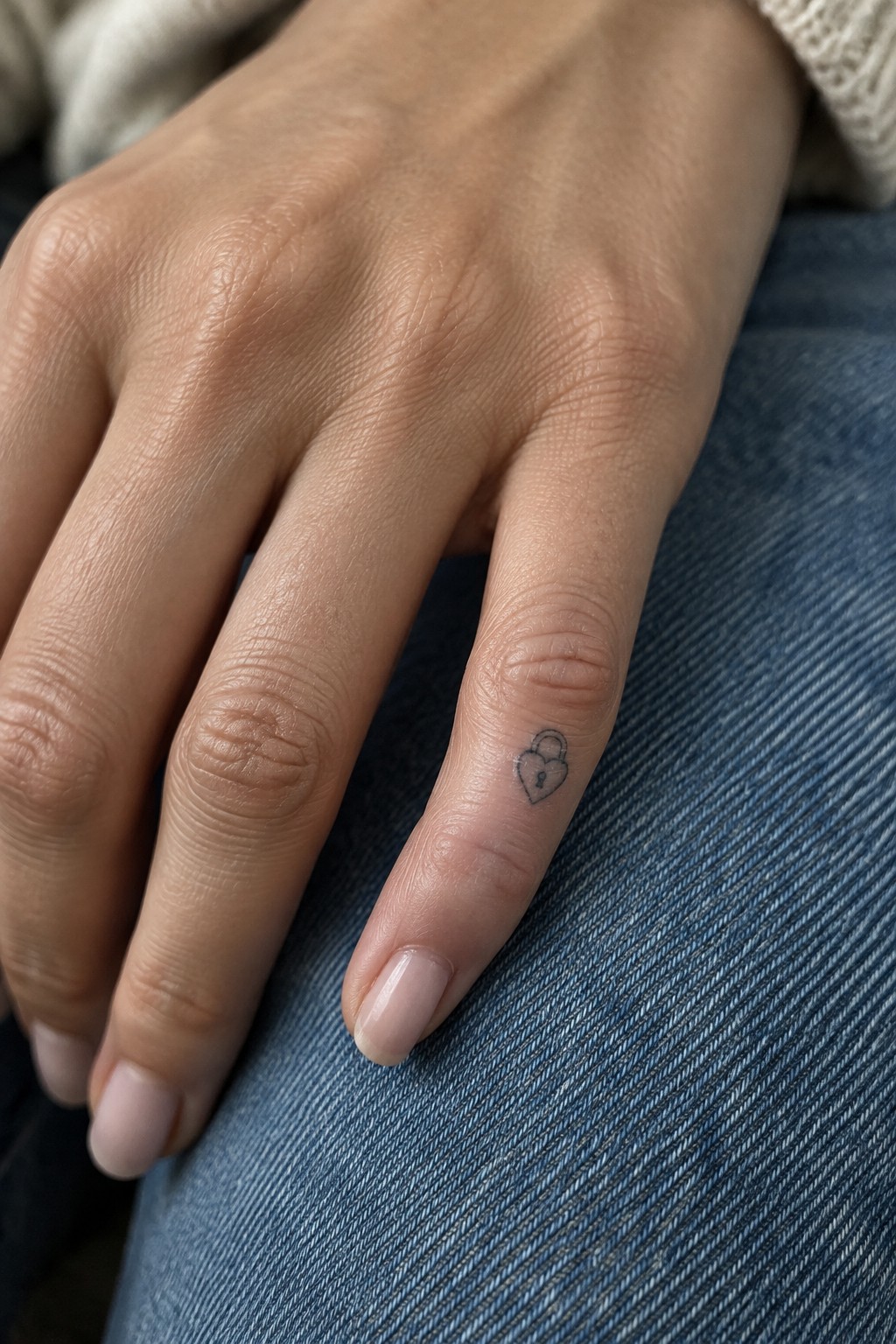 Small fine-line outline heart tattoo on the side of a finger.