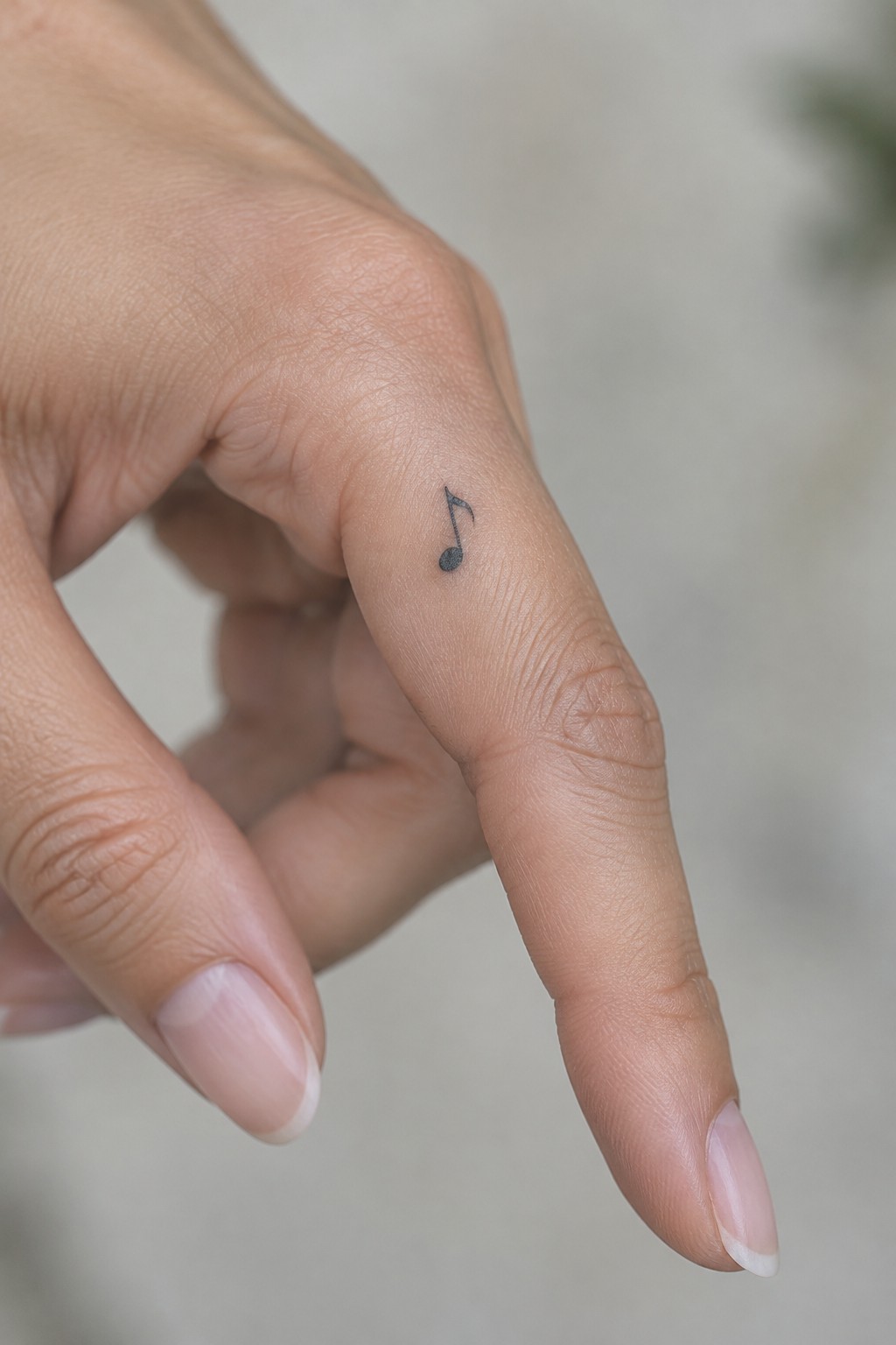 Small black musical note tattoo on the side of a finger.