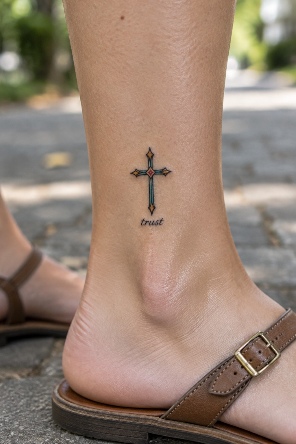 Small teal and gold cross tattoo with the word “trust” in cursive above a woman’s ankle.