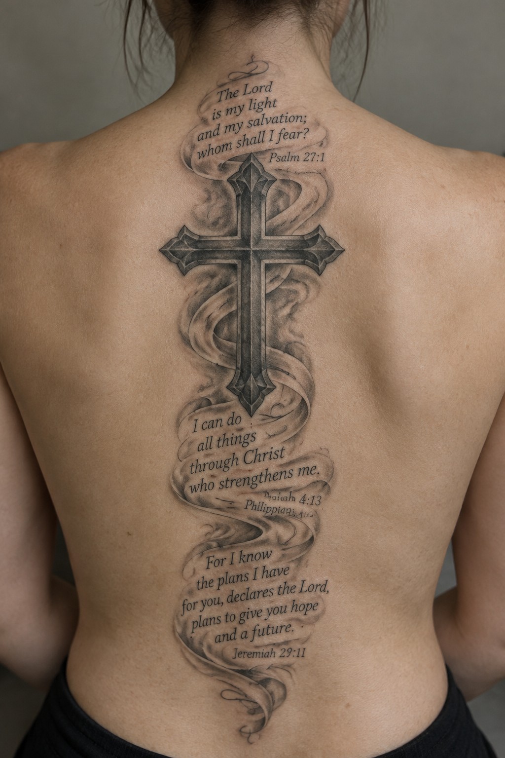 A large black and gray back tattoo featuring an ornate cross, curling ribbon, and Bible verses.