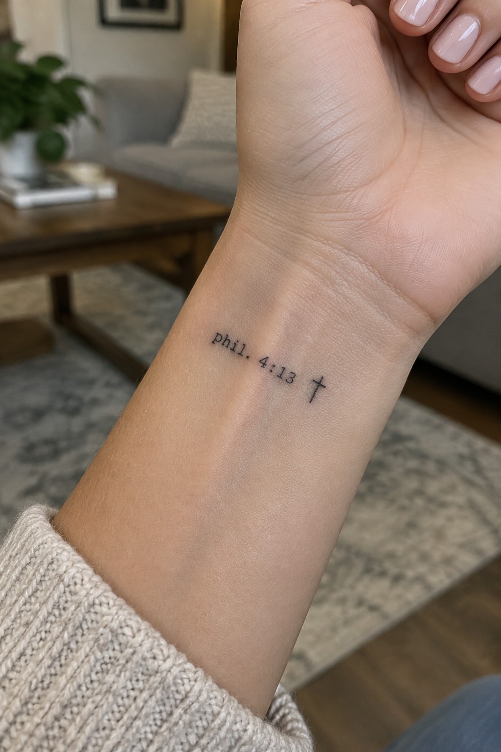 Small black “Phil. 4:13” tattoo with a cross on the inner wrist.