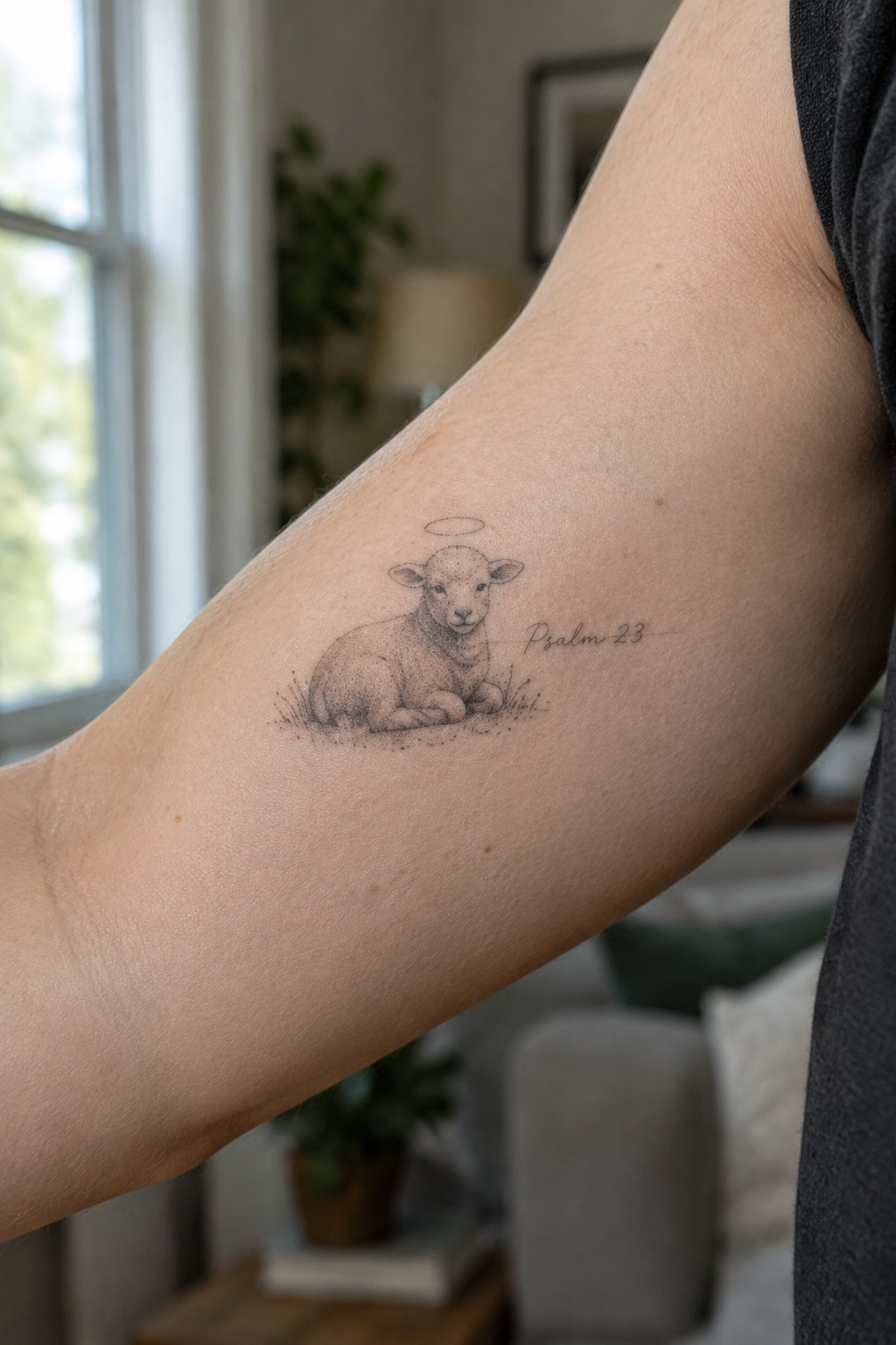 Small fine line tattoo of a lamb with a halo resting on grass, with Psalm 23 script beside it on the upper arm.