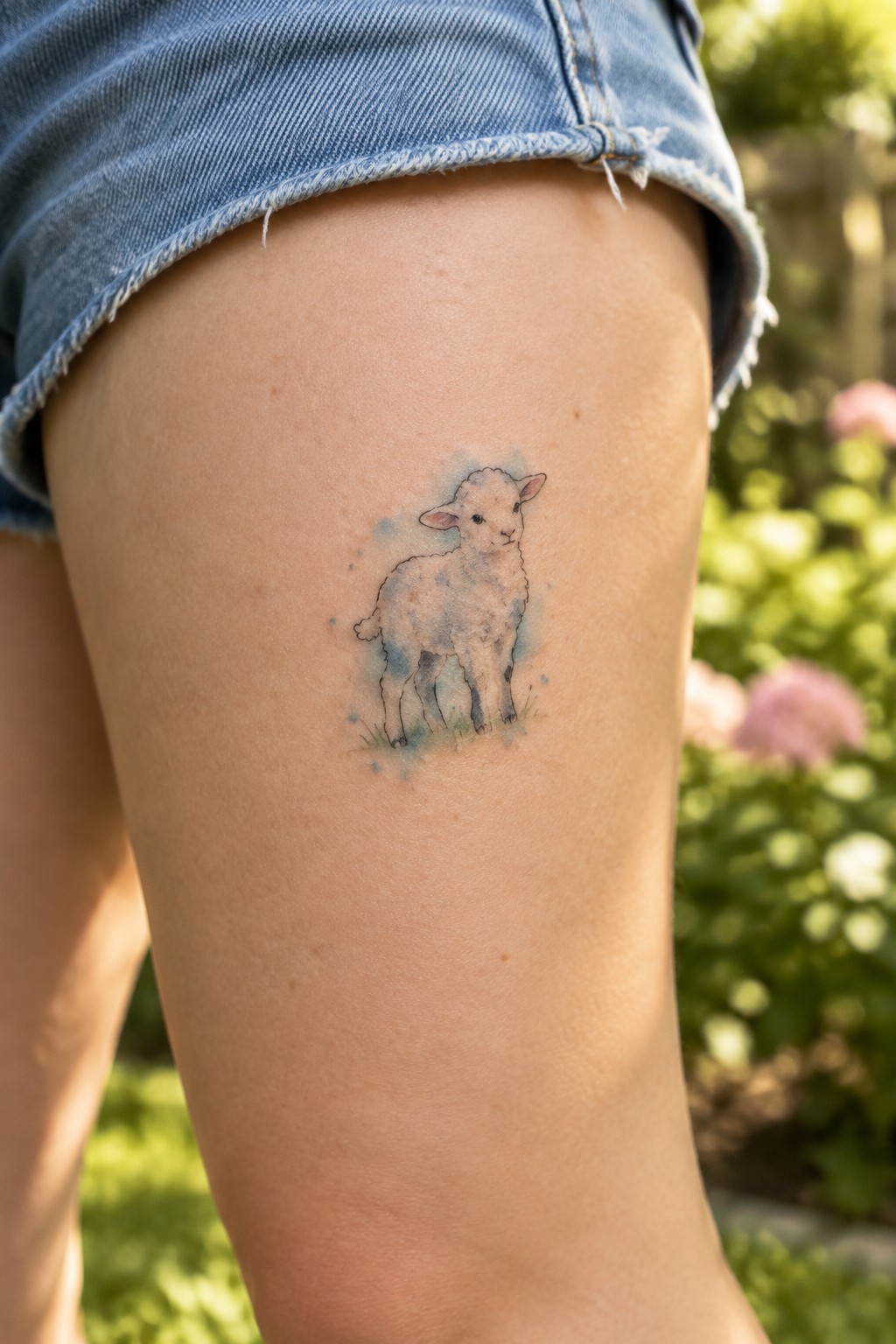 Watercolor lamb tattoo on thigh beneath frayed blue denim shorts outdoors