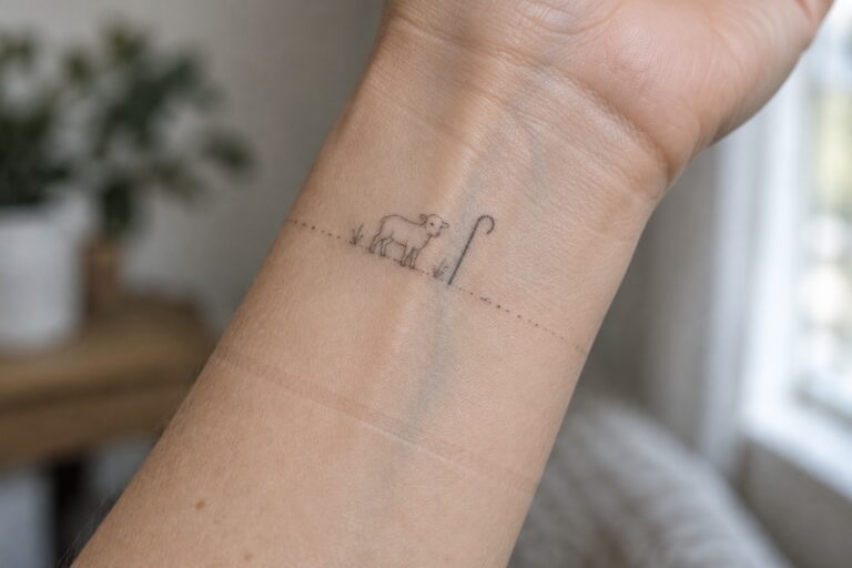21 Meaningful Small Christian Tattoos Inspired by Sheep and the Good Shepherd Wrist with minimalist tattoo of lamb and shepherd's crook linked by dotted lines above white sweater