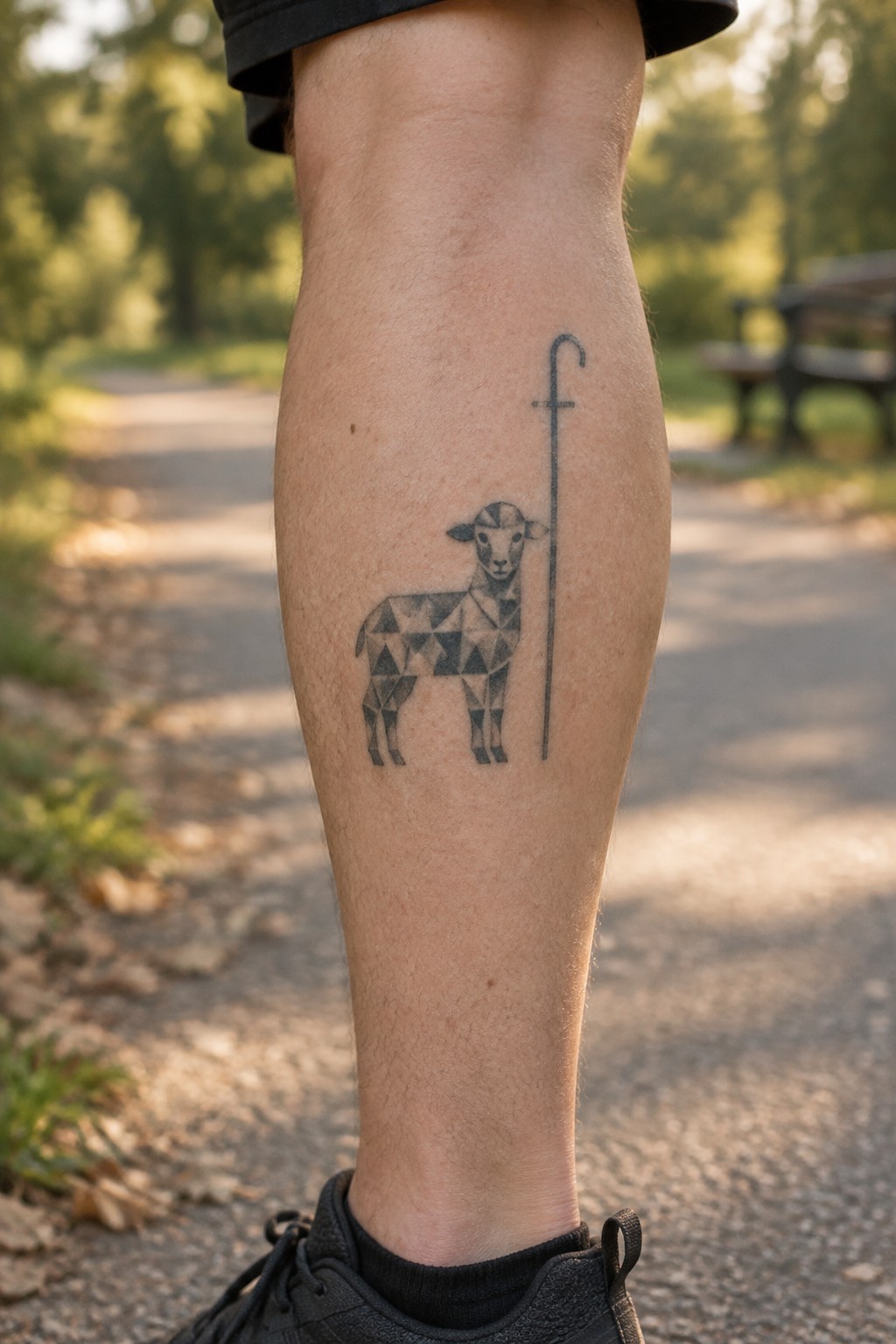 Geometric lamb and staff tattoo on calf above black sneaker on wooded path
