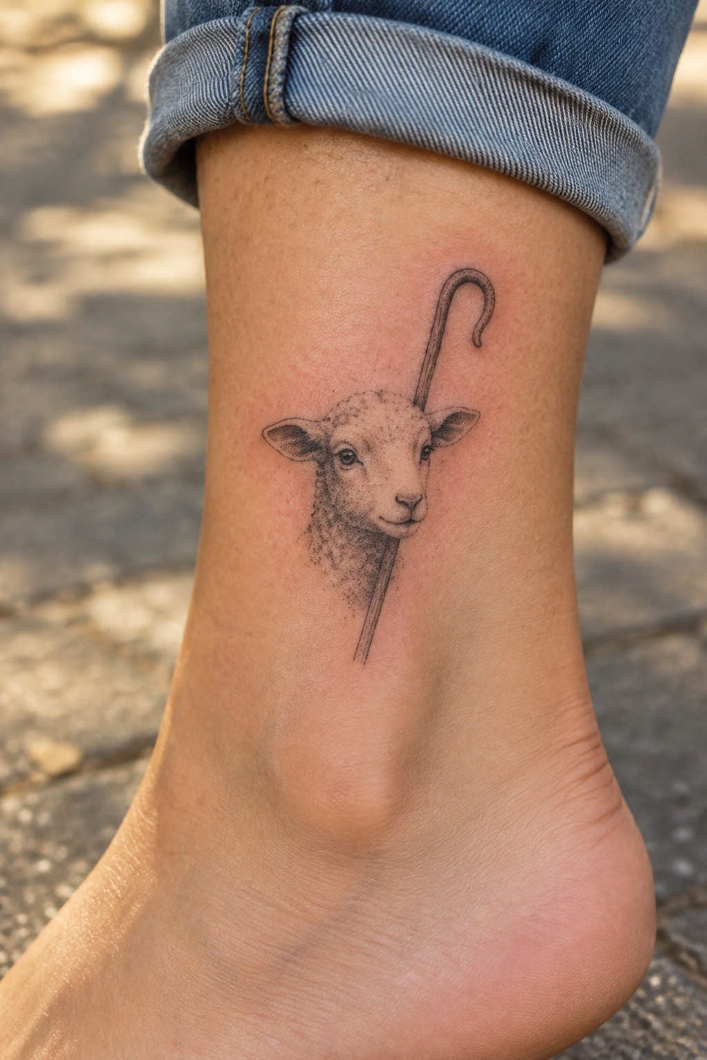 Lamb head tattoo with shepherd's crook on ankle below rolled blue jeans.