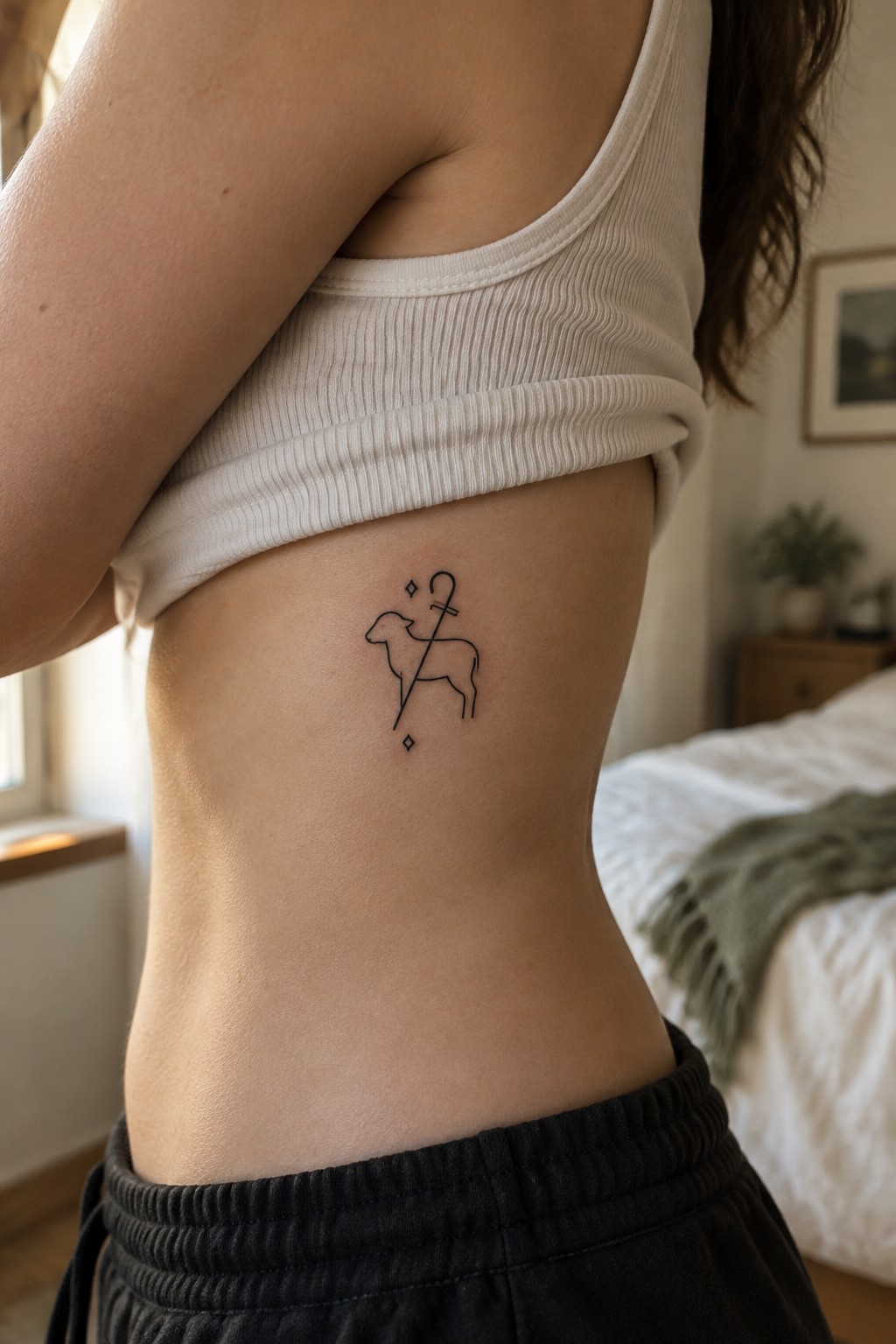 White tank top lifted over small black line-art lamb tattoo on torso