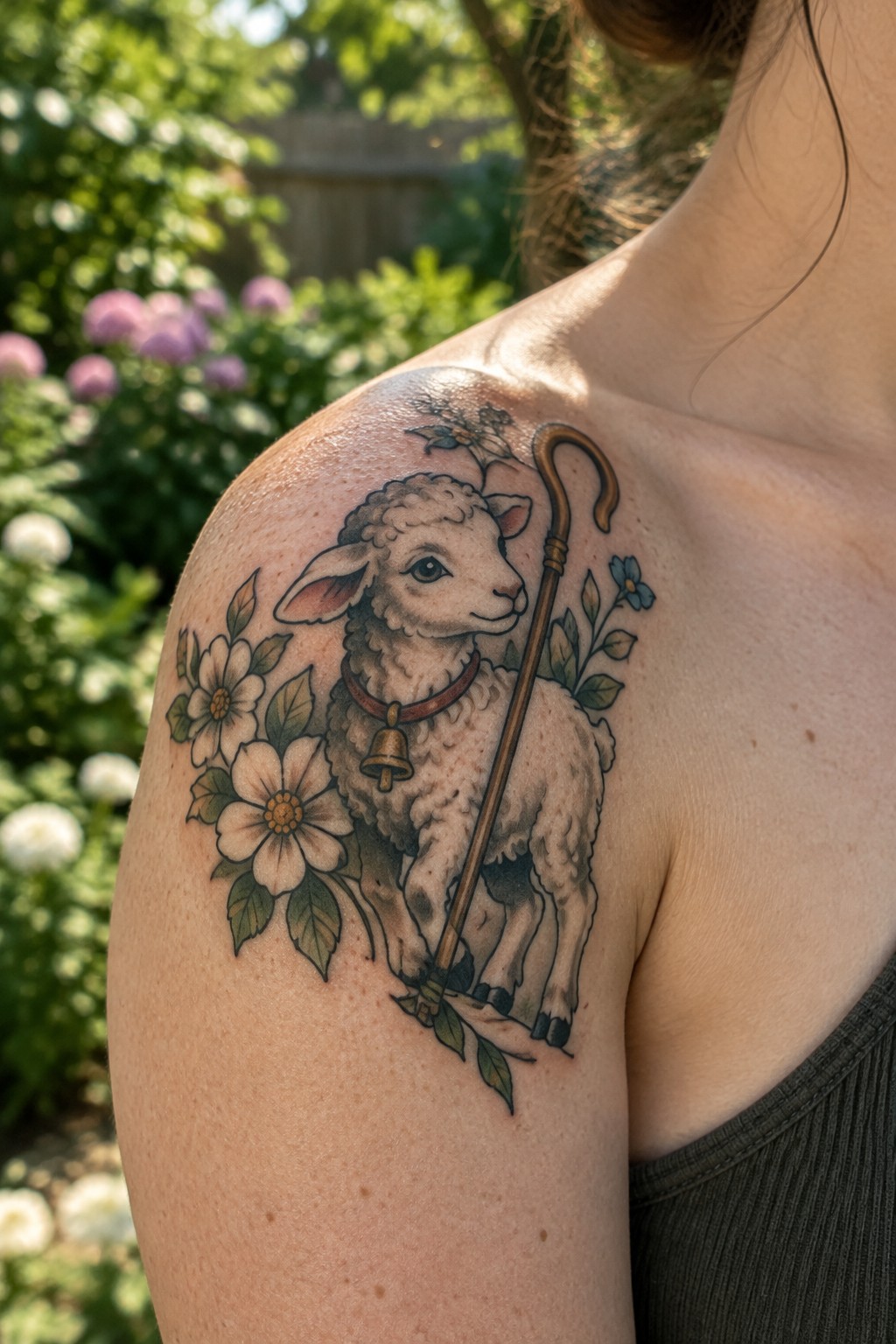 Tattoo of fluffy lamb with staff, bell, and flowers on person's shoulder