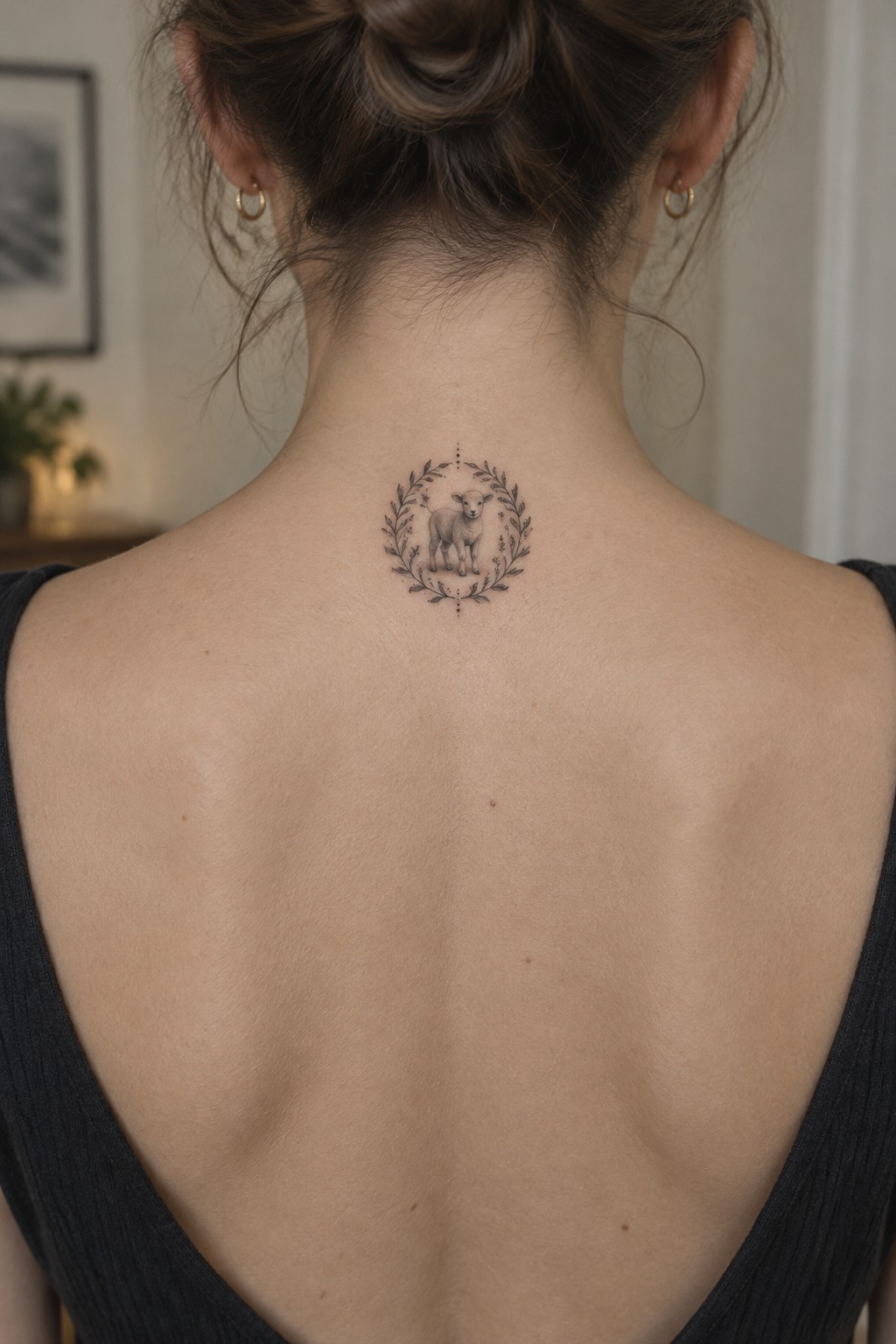 Woman's nape tattoo of lamb in leafy wreath, black low-back top, hair in bun