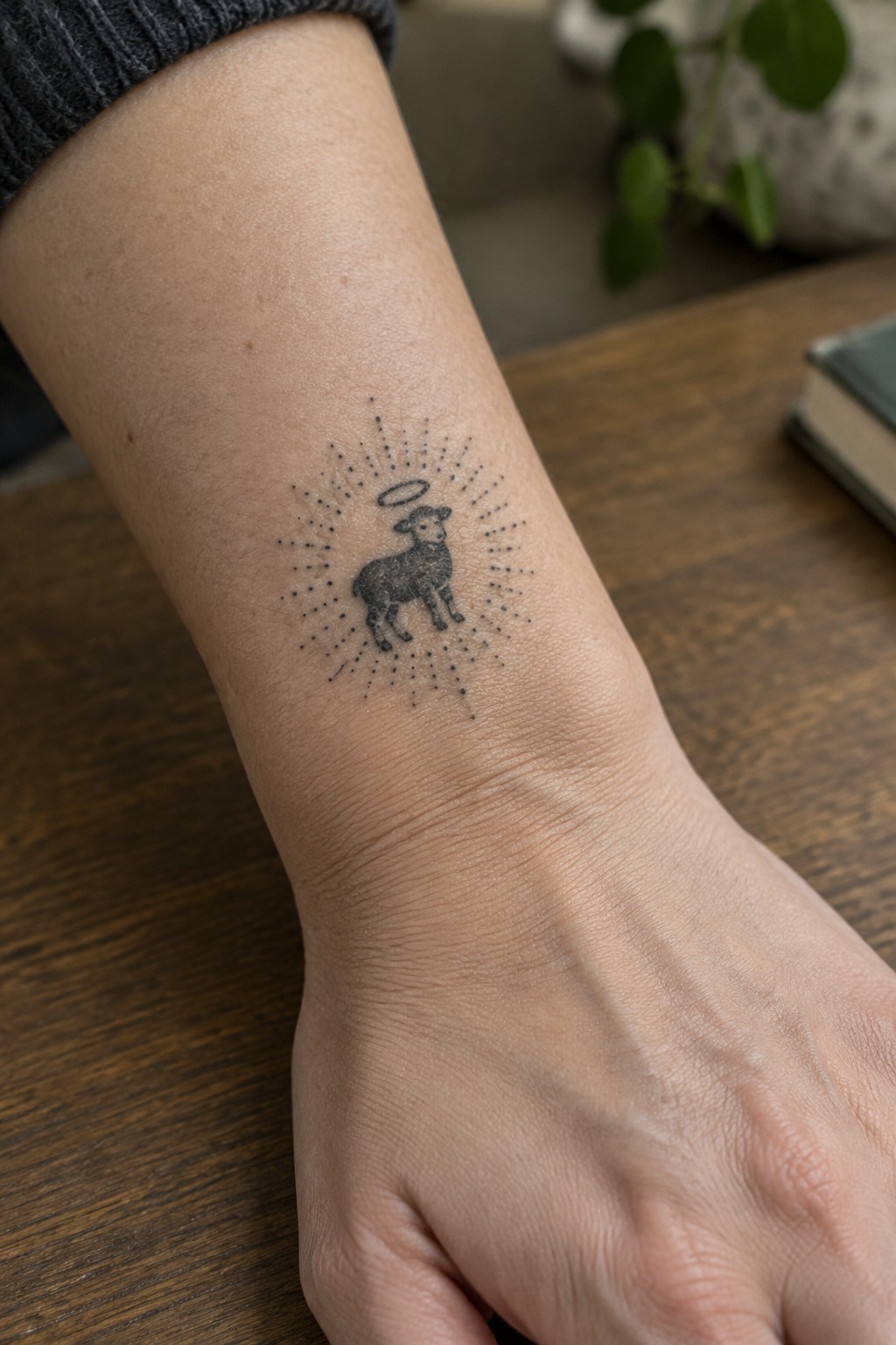 Small black ink tattoo of a lamb with halo on the inner wrist, surrounded by dotted rays