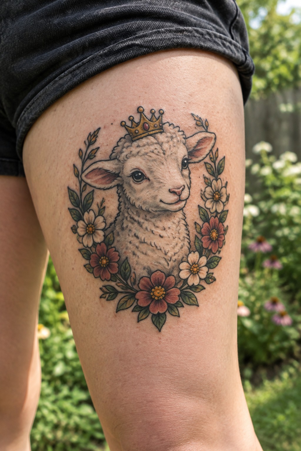 Crowned lamb tattoo with colorful flowers on thigh, black denim shorts visible.