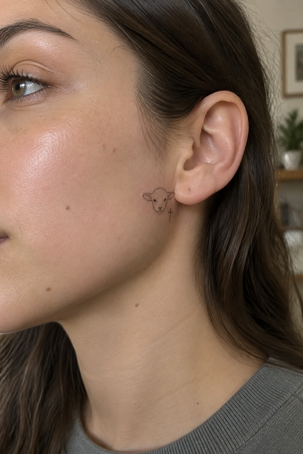 Woman in gray top with small sheep and cross tattoo near ear