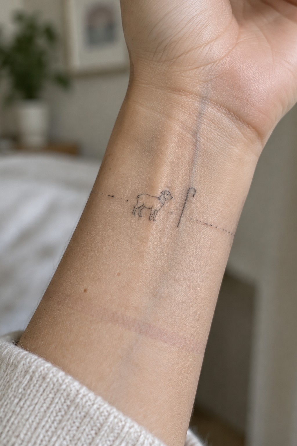 Wrist with minimalist tattoo of lamb and shepherd's crook linked by dotted lines above white sweater