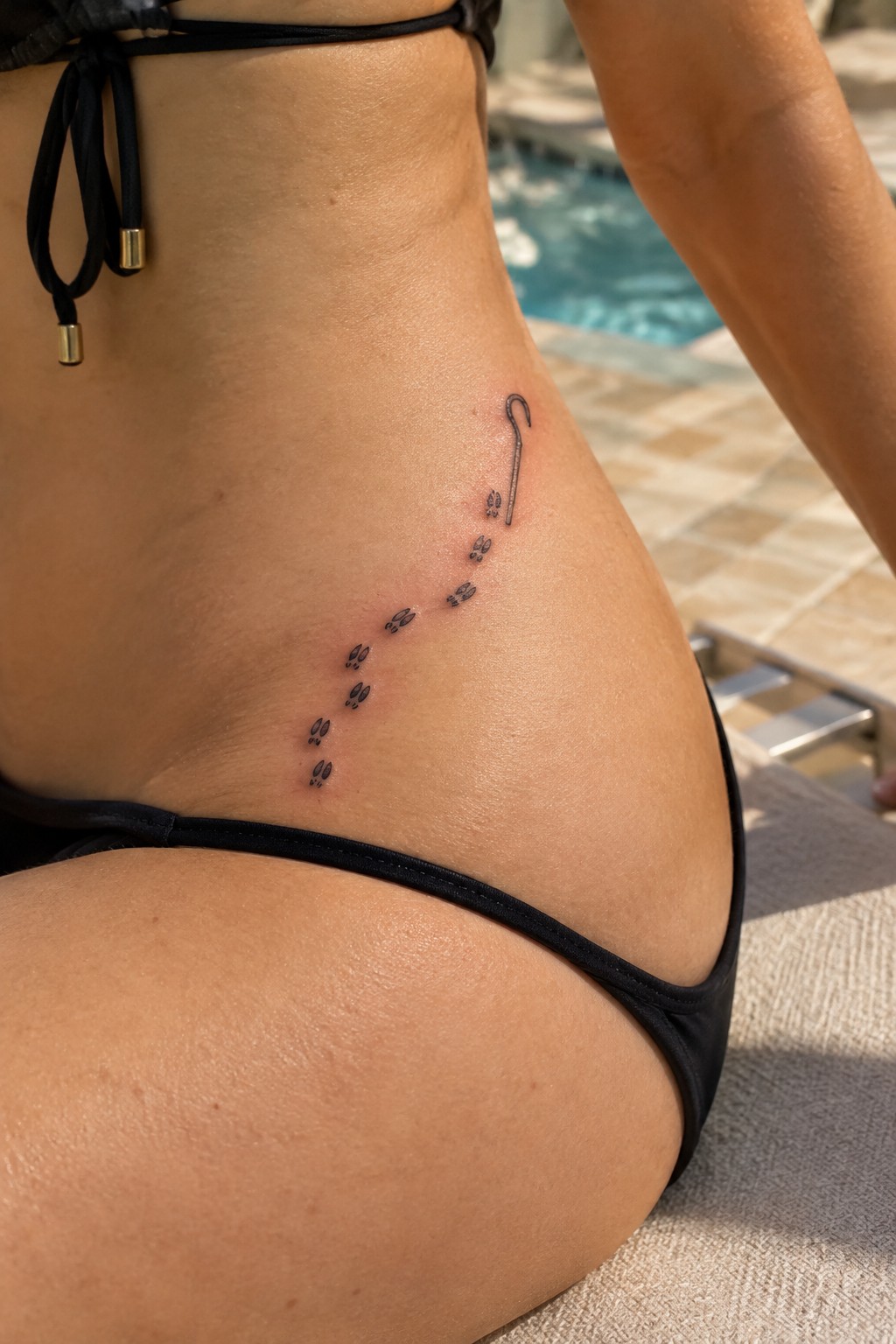 Black bikini and paw-print tattoo trail curving to hook on tanned hip by pool