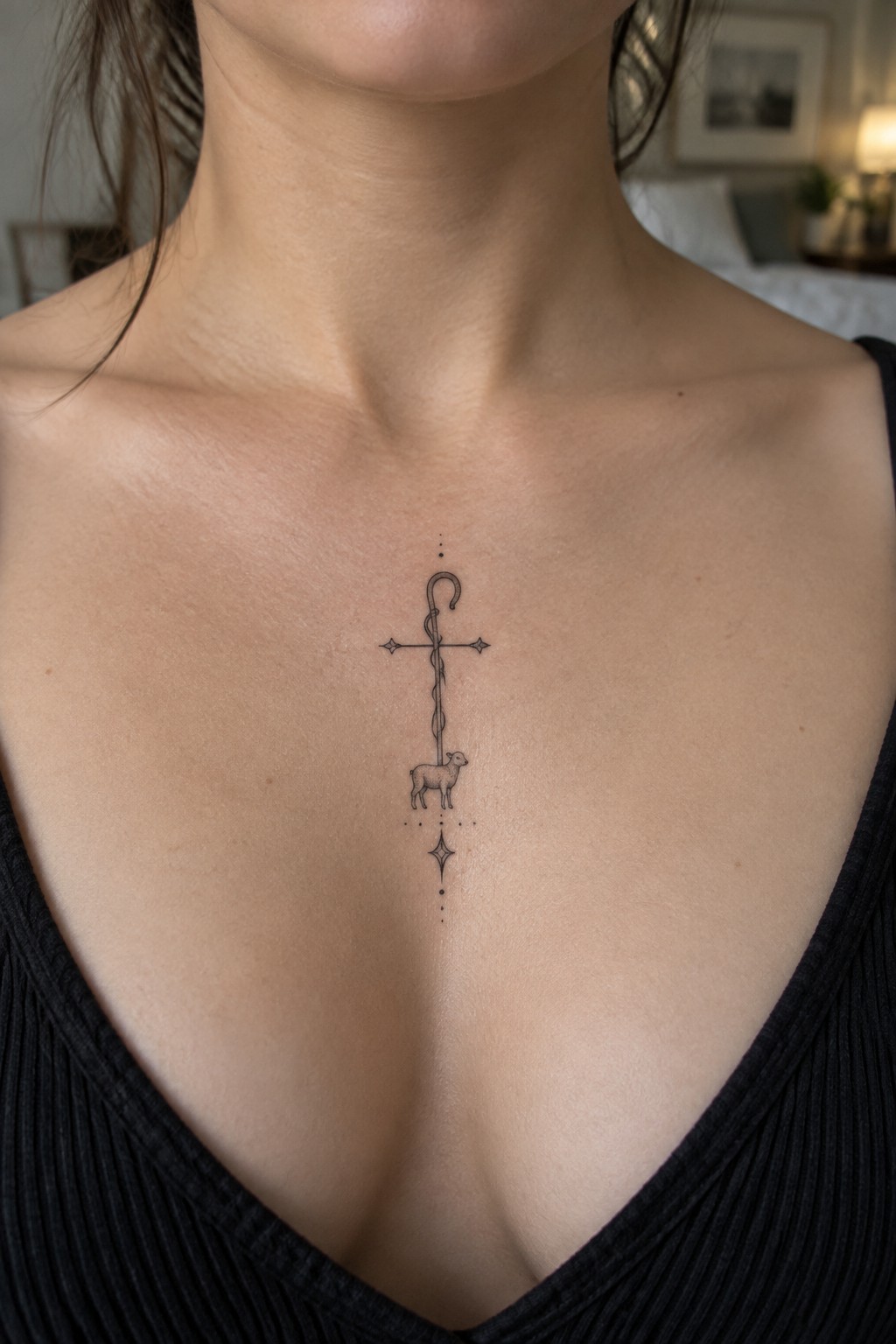 Woman's chest with black V-neck top and shepherd's cross lamb tattoo