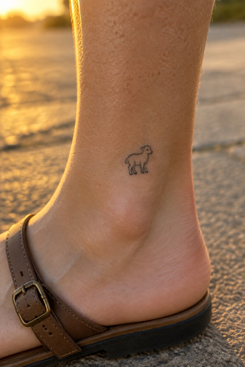 Small black lamb tattoo on ankle above brown leather sandal in golden light