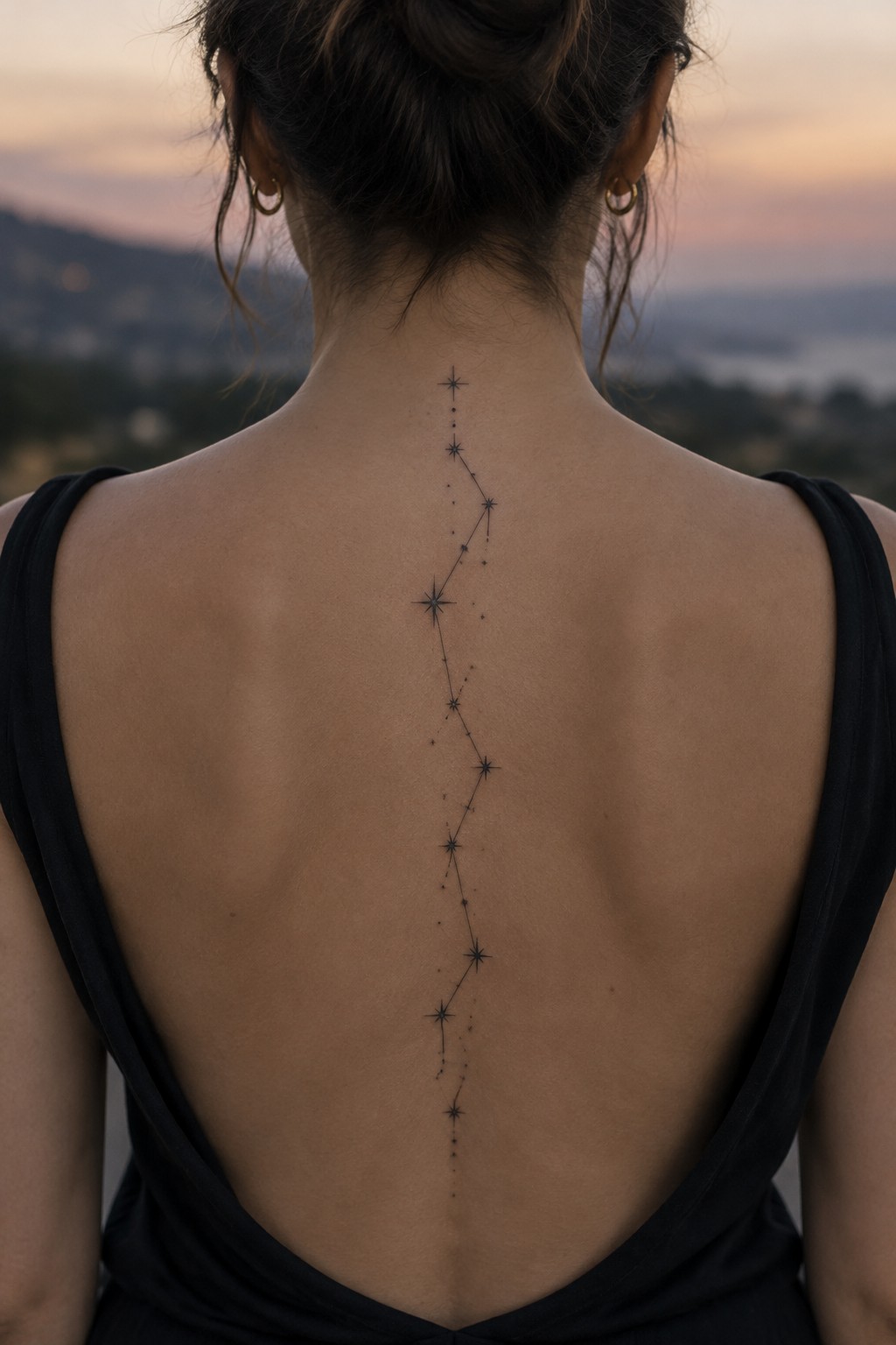 Woman's back with vertical constellation tattoo along spine in black top