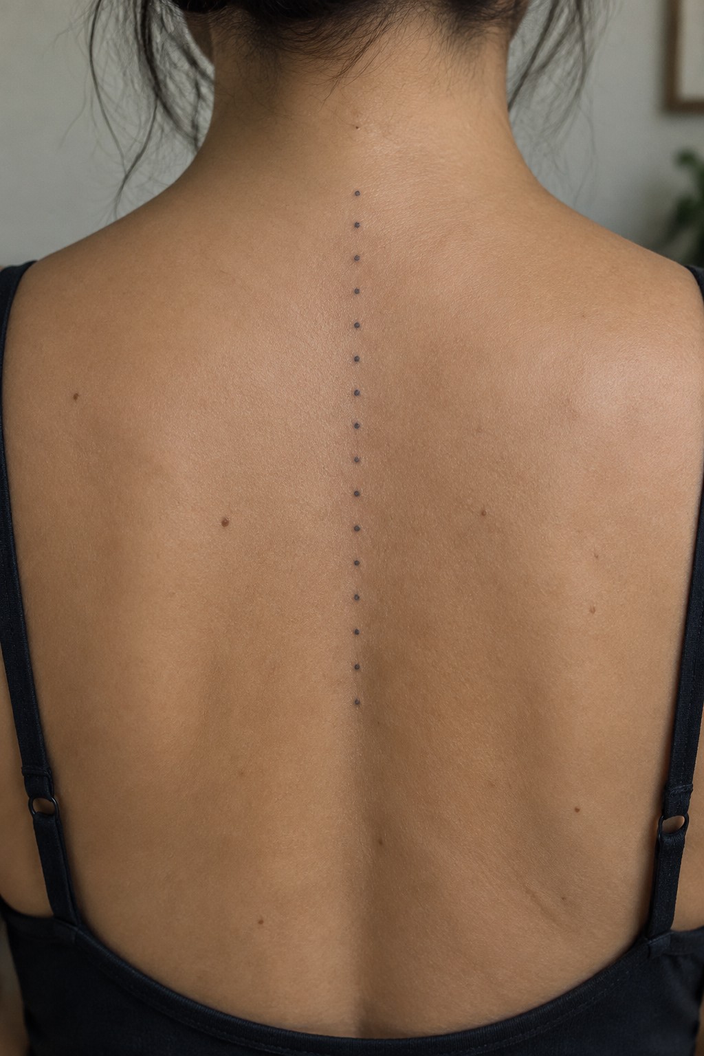 Woman's back with vertical dotted tattoo along spine in black camisole.