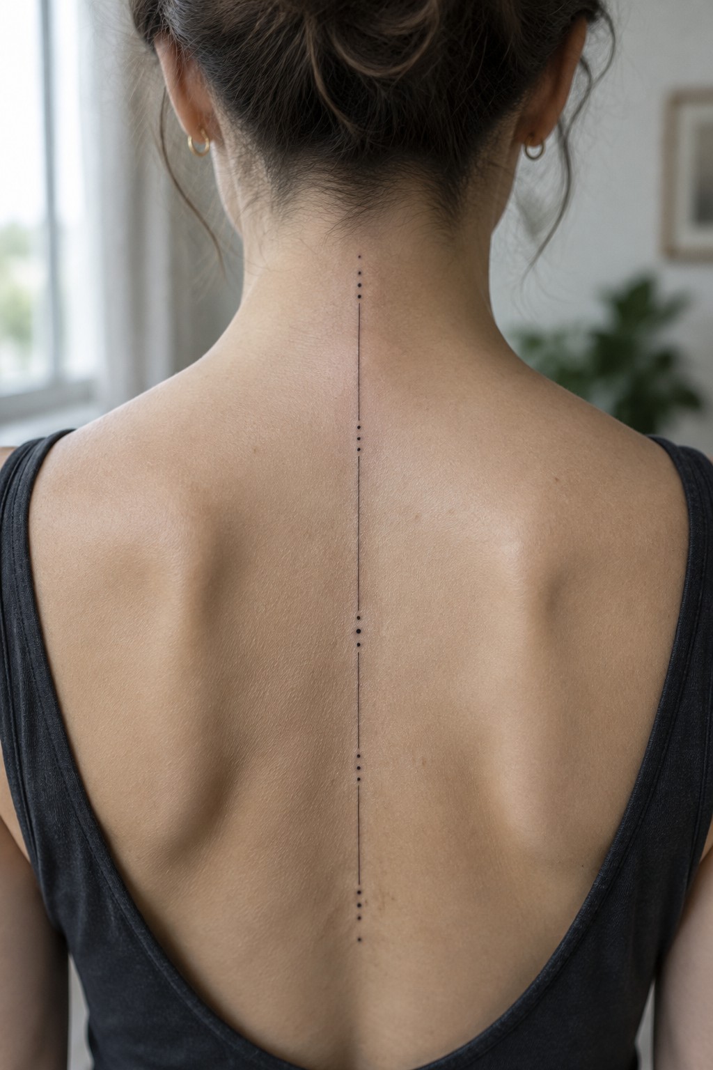 Minimalist spine tattoo with a vertical line of small black dots running down the center of a woman's back