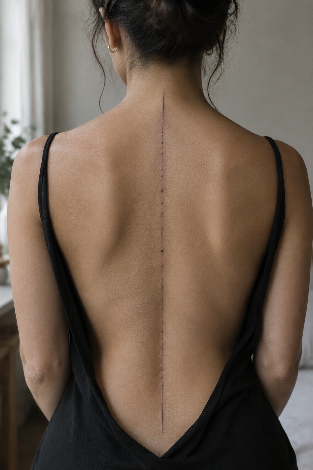 Minimalist spine tattoo of a thin vertical line made from small black dots running down the center of a woman's back.