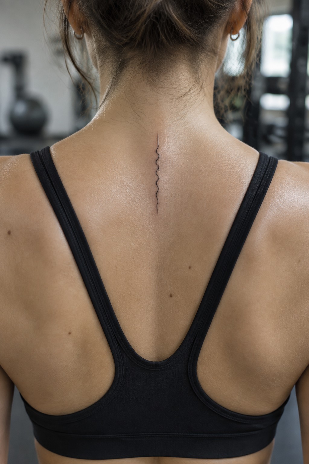Woman's upper back with wavy spine tattoo in black sports bra at gym