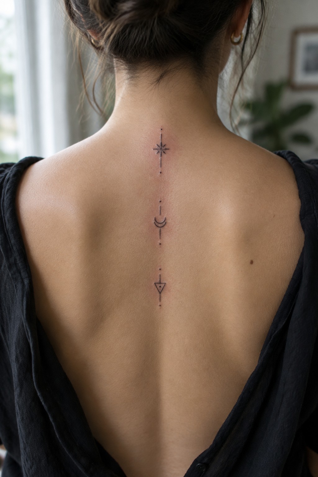Woman's bare back with black top and vertical tattoo of star, moon, and triangle