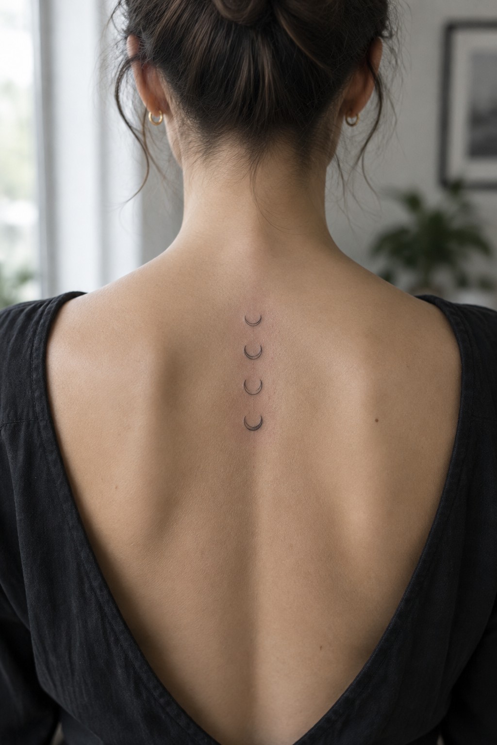 Woman's back with four vertical crescent moon tattoos, dark hair in bun, black top.
