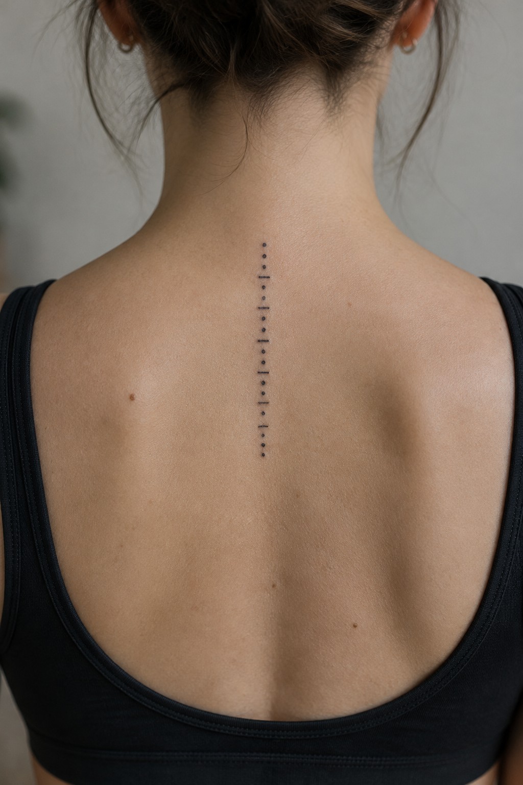 Woman's upper back with vertical dotted spine tattoo in black tank top
