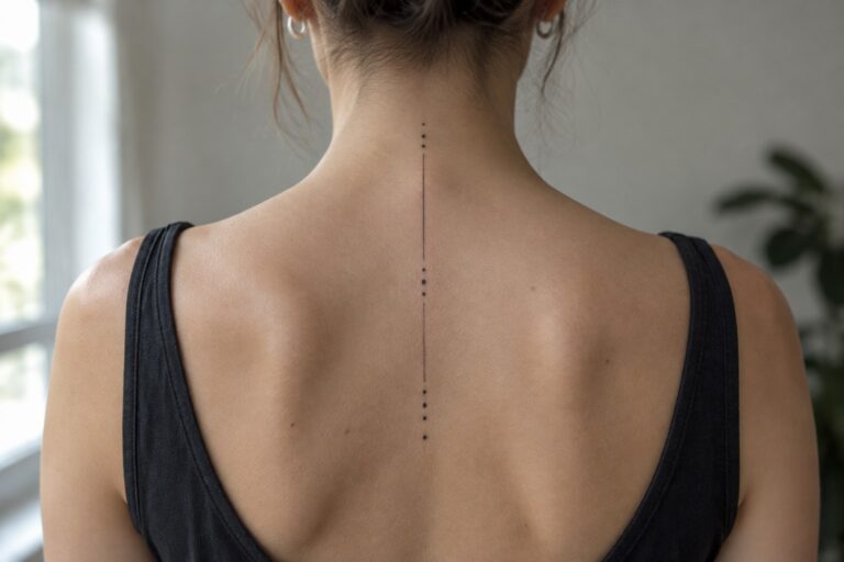 23 Minimalist Spine Tattoos for Women with Fine Vertical Linework Minimalist spine tattoo with a vertical line of small black dots running down the center of a woman's back