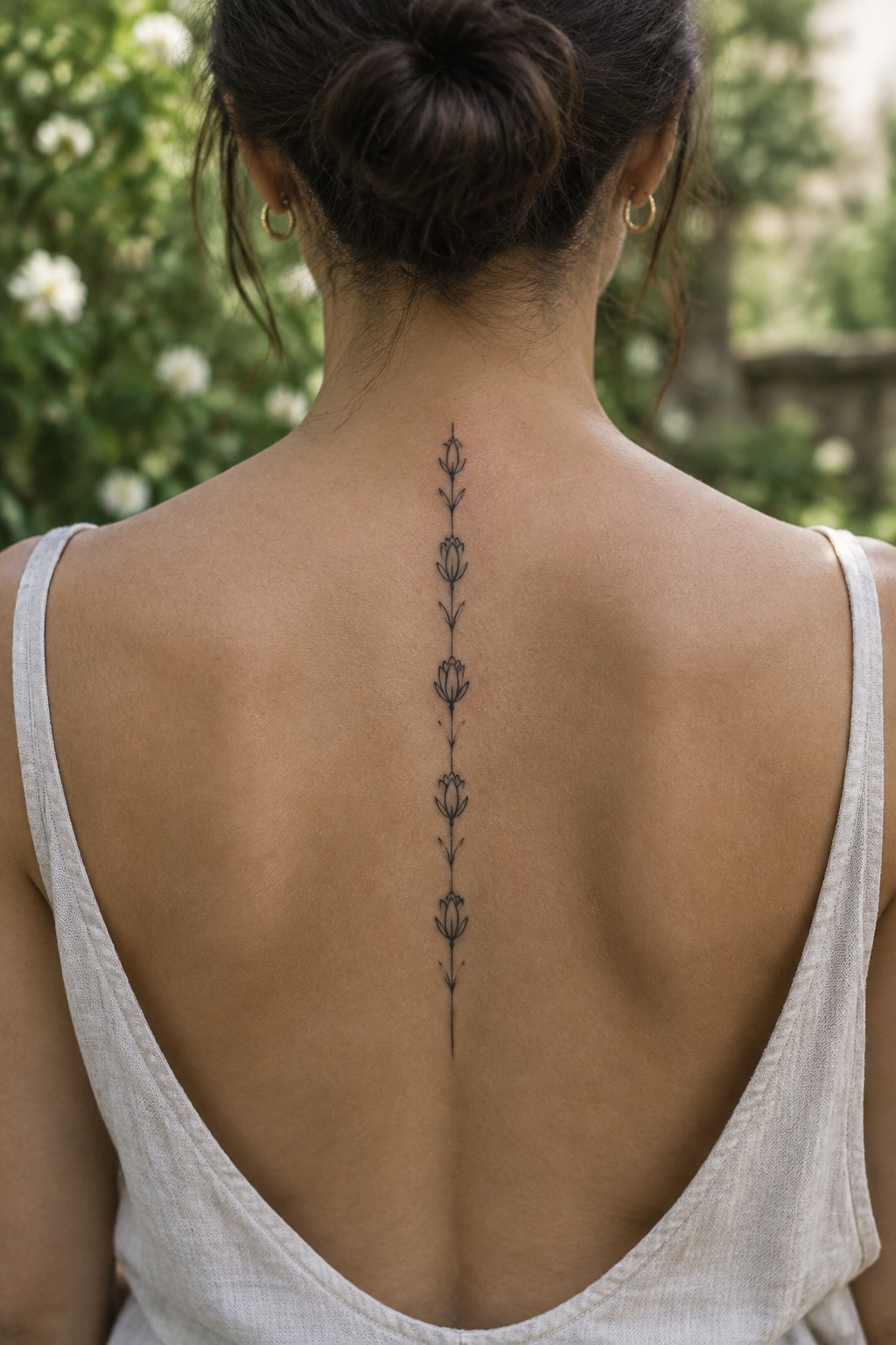 Woman's back with vertical floral spine tattoo, dark bun, white tank top