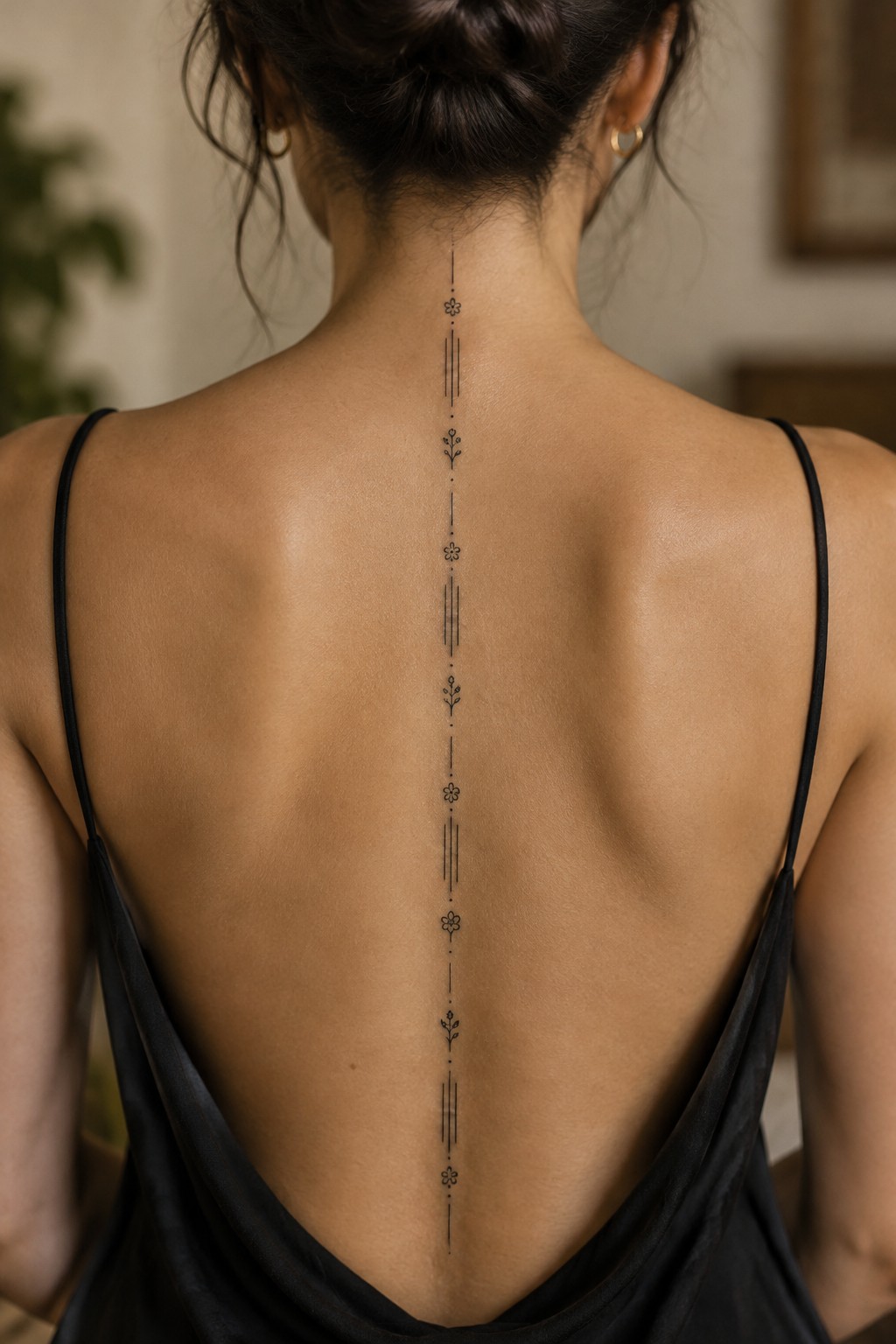 Woman's back with intricate black floral spine tattoo, wearing low-back black top.