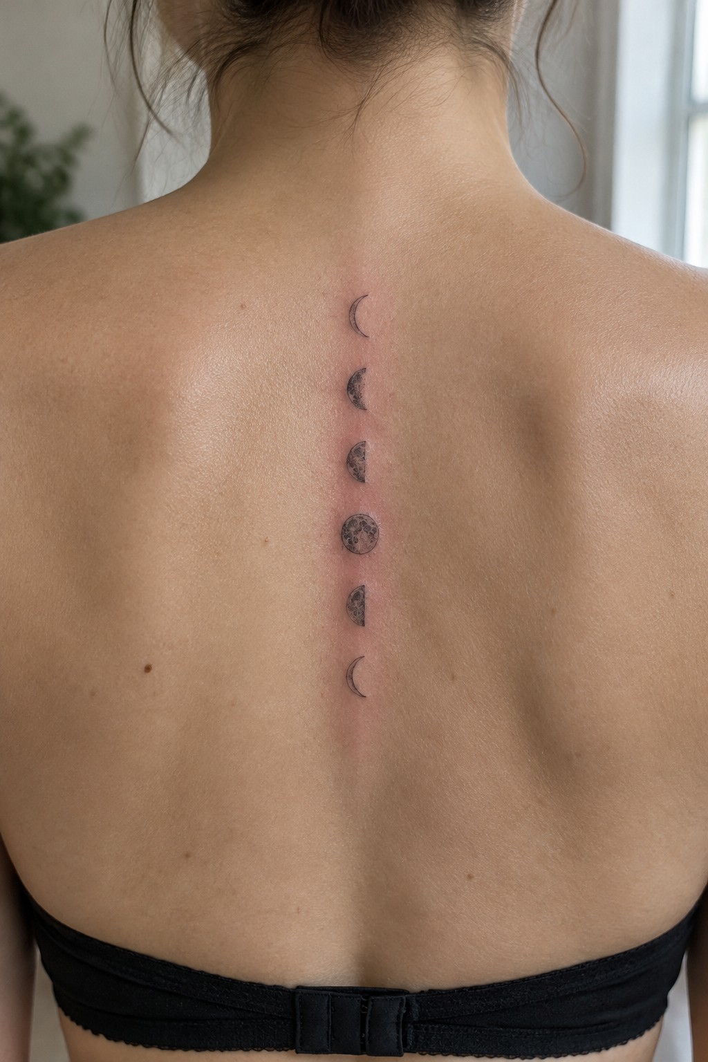 Moon phase tattoo down irritated spine above black bra strap