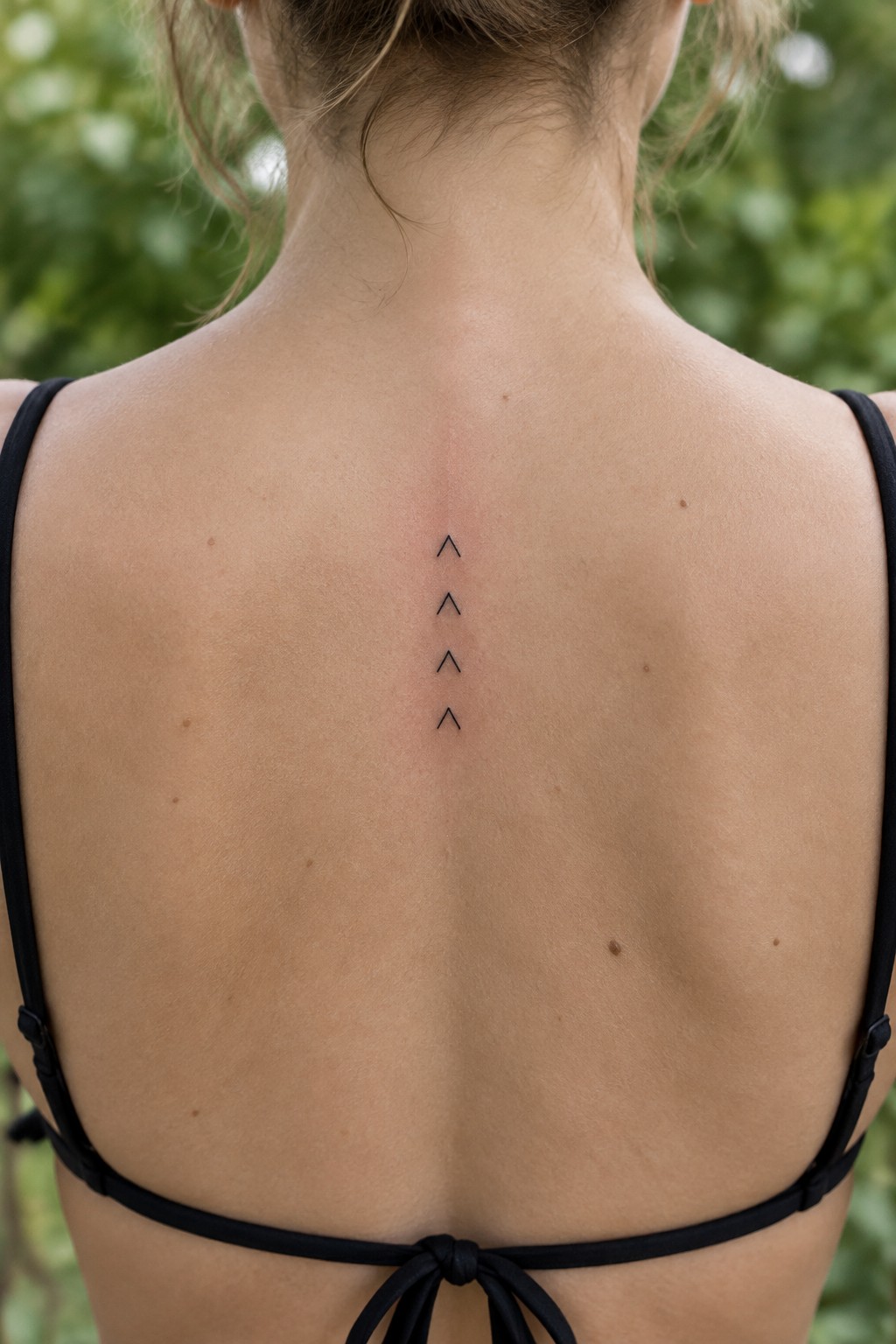Woman's back with black bikini top and four upward arrow tattoos along spine