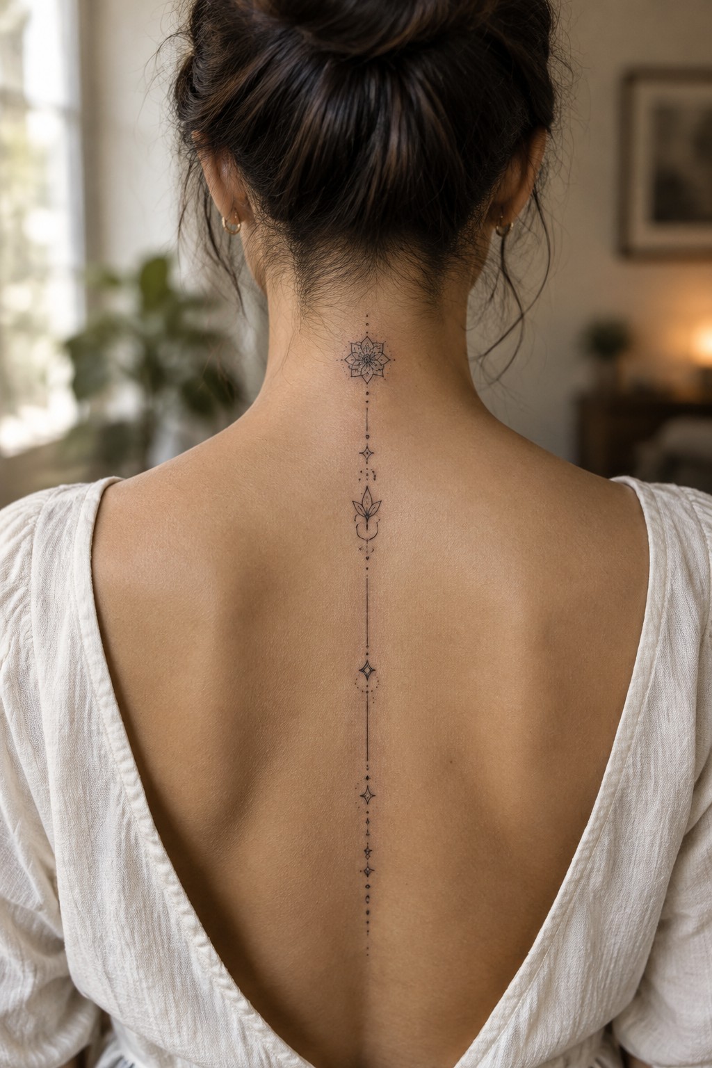 Woman's back with ornate spine tattoo, dark bun, and white low-back top