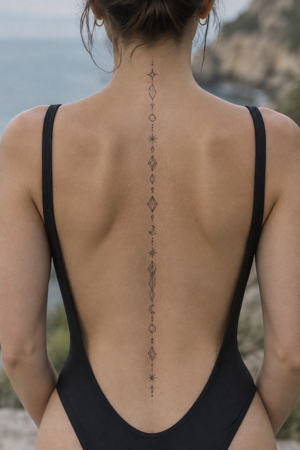 Woman's back in black swimsuit with long celestial geometric spine tattoo by the sea