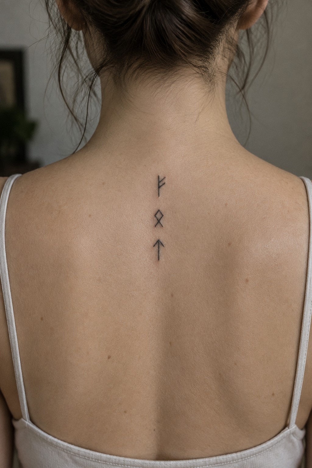 Woman's upper back with brown bun, white straps, and vertical black rune tattoo.