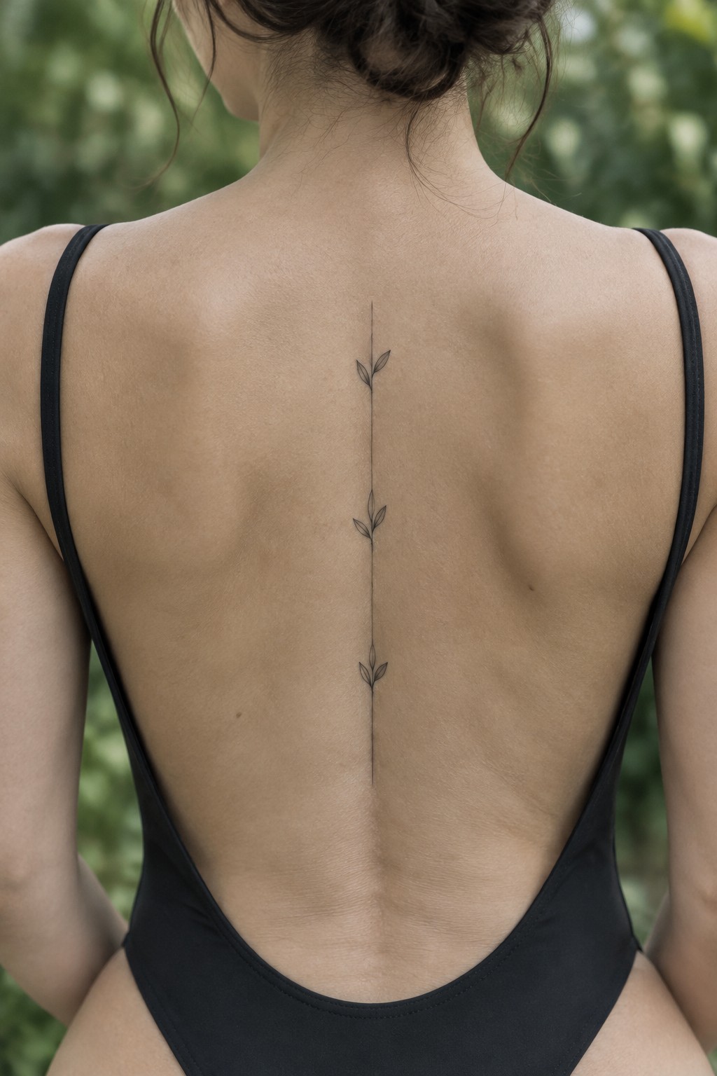 Minimalist fine line spine tattoo showing a thin vertical stem with small leaves on a woman's back.